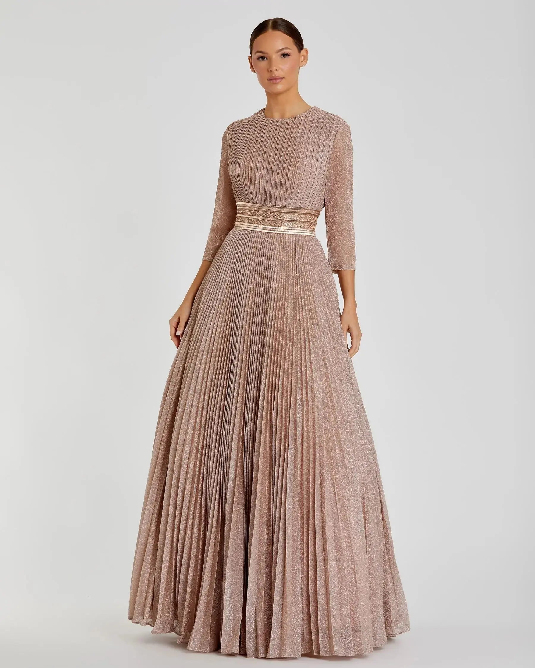 Pink Shimmering Pleated  3/4 Sleeve Ball Gown-Myartka