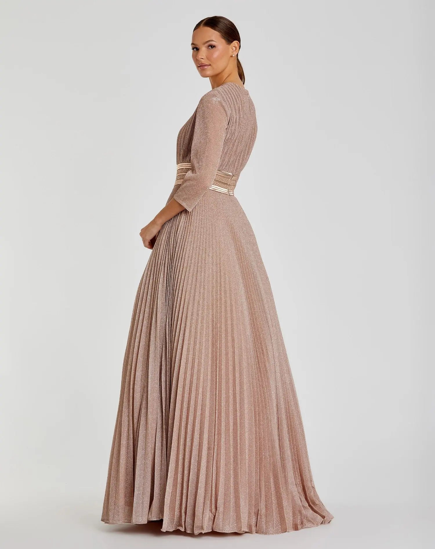 Pink Shimmering Pleated  3/4 Sleeve Ball Gown-Myartka
