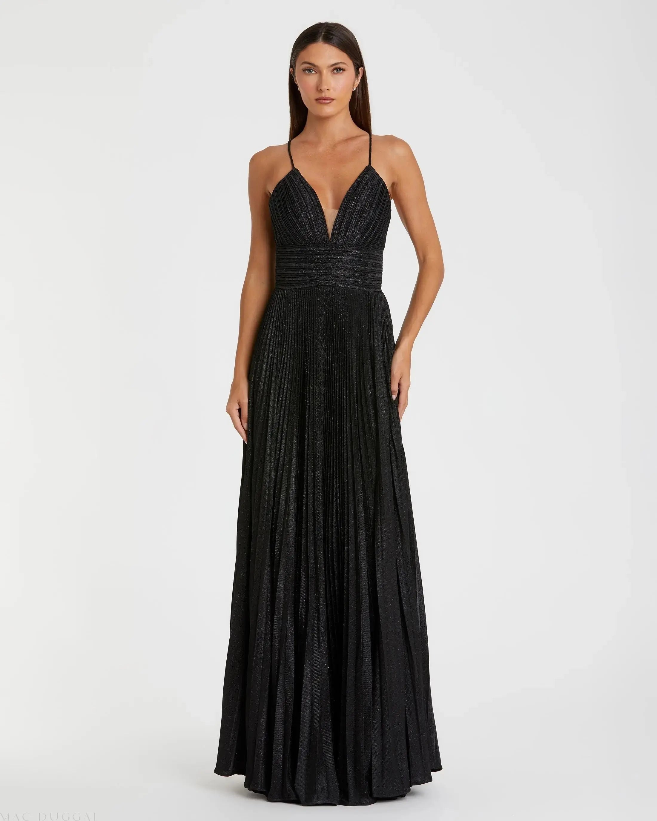 Black Shimmer Pleated V-Neck Gown - FINAL SALE-Myartka