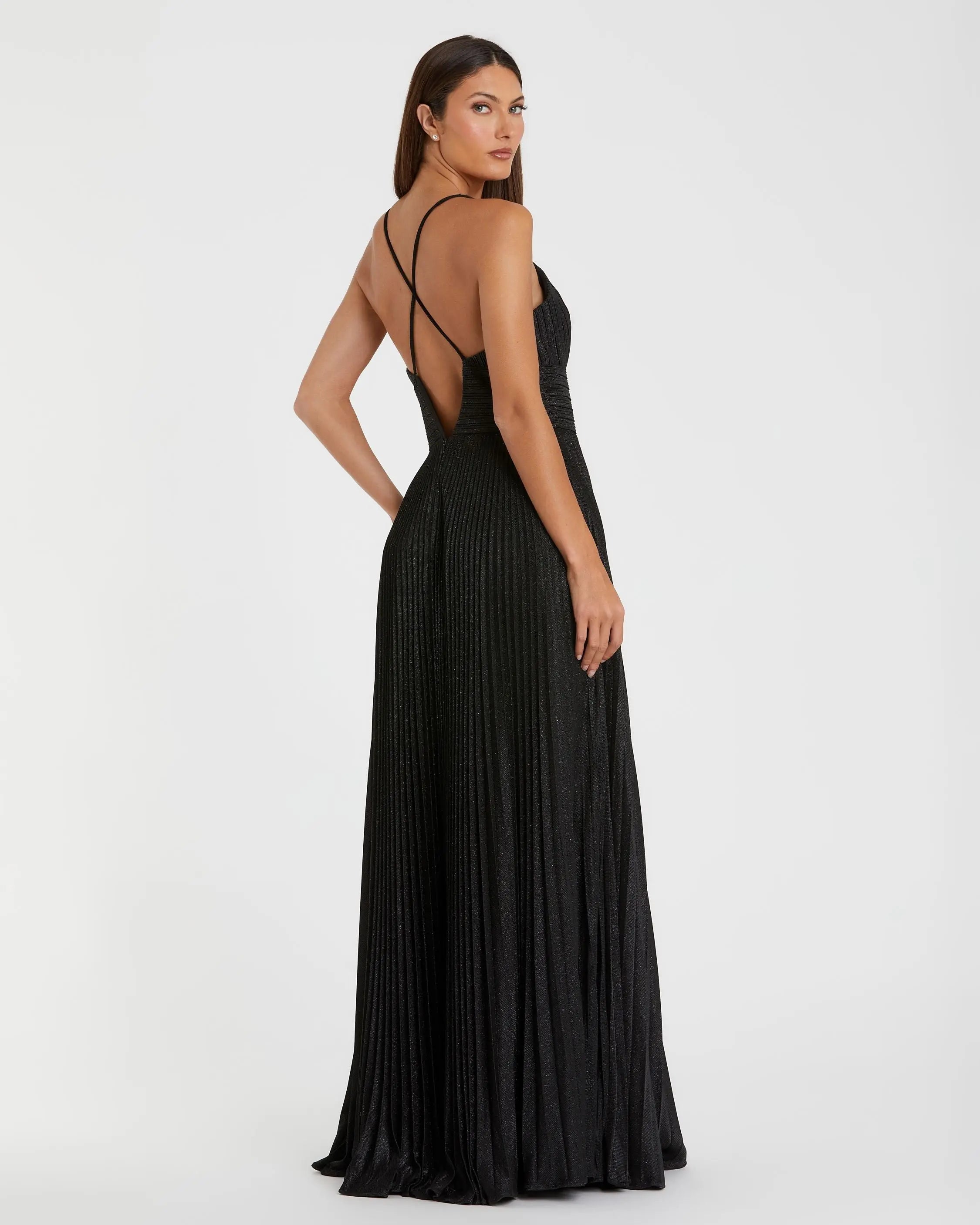 Black Shimmer Pleated V-Neck Gown - FINAL SALE-Myartka
