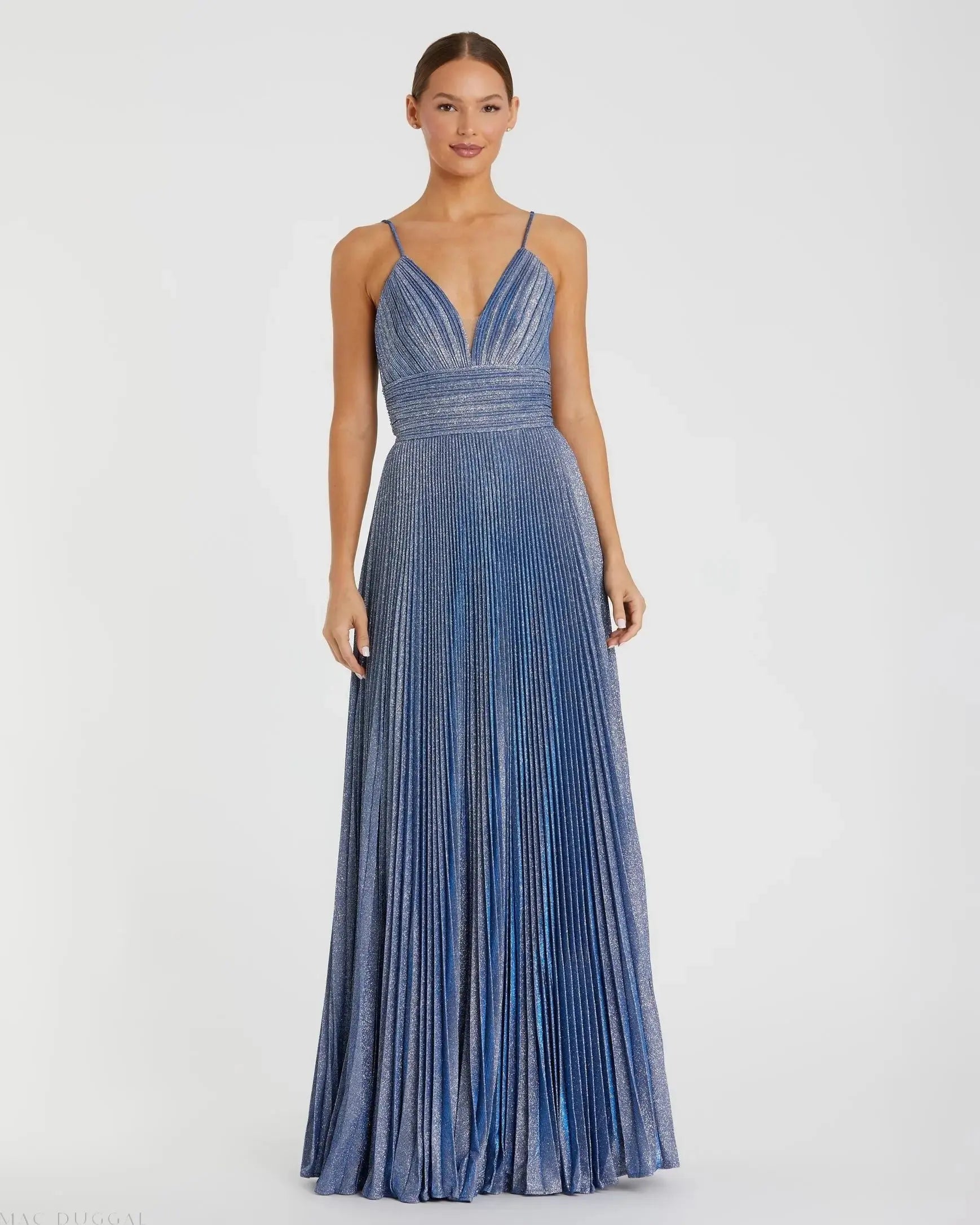 Blue Shimmer Pleated V-Neck Gown - FINAL SALE-Myartka