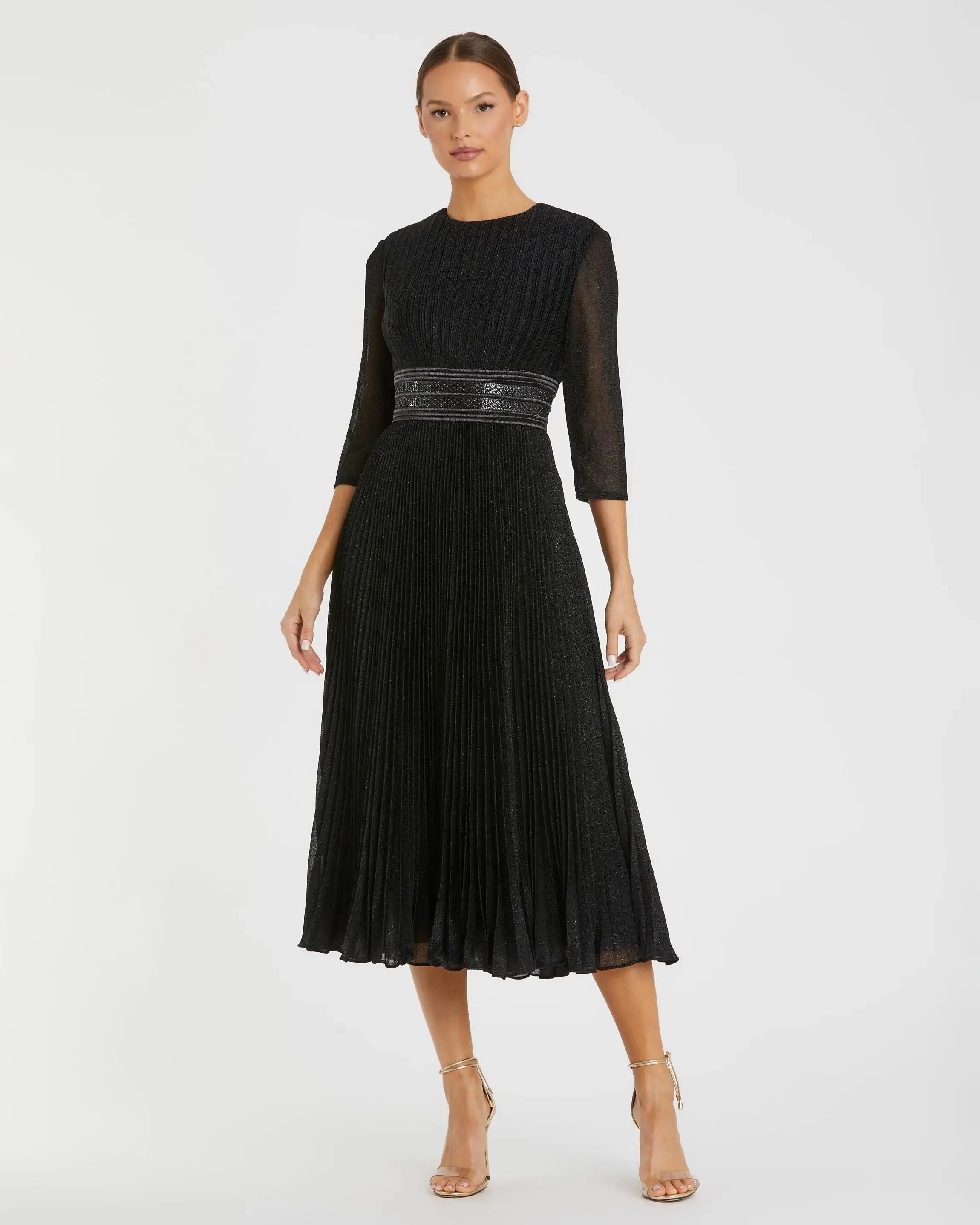 Black Shimmering 3/4 Sleeve A-Line Midi Dress-Myartka