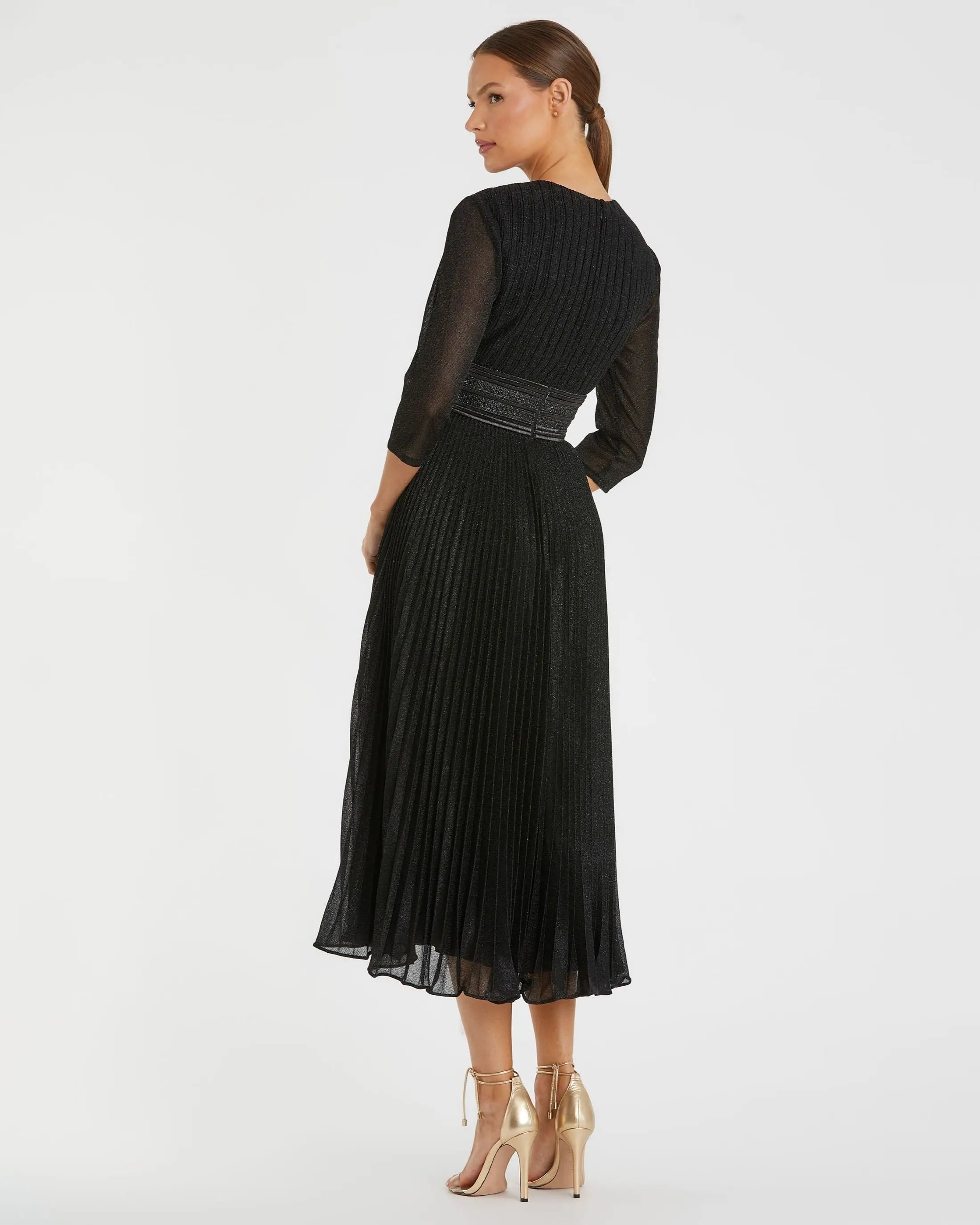 Black Shimmering 3/4 Sleeve A-Line Midi Dress-Myartka