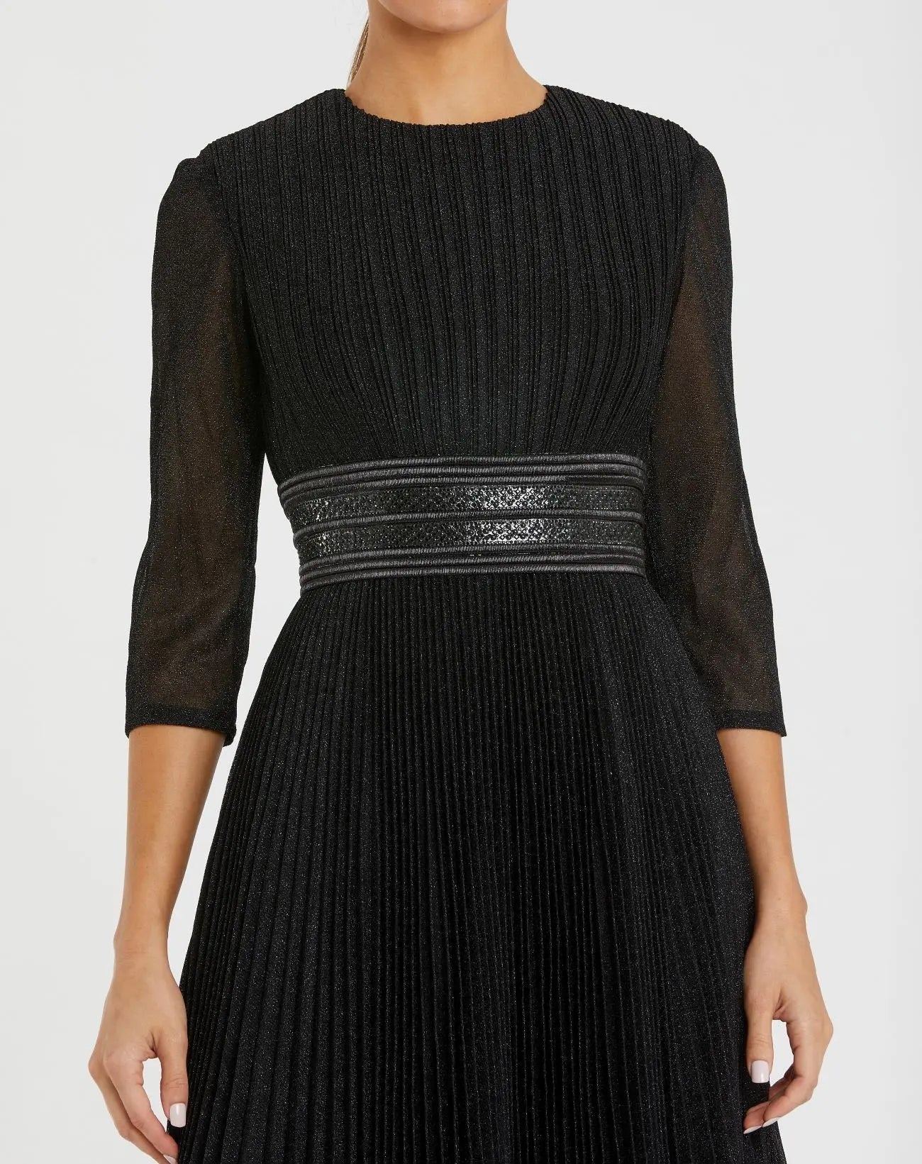 Black Shimmering 3/4 Sleeve A-Line Midi Dress-Myartka