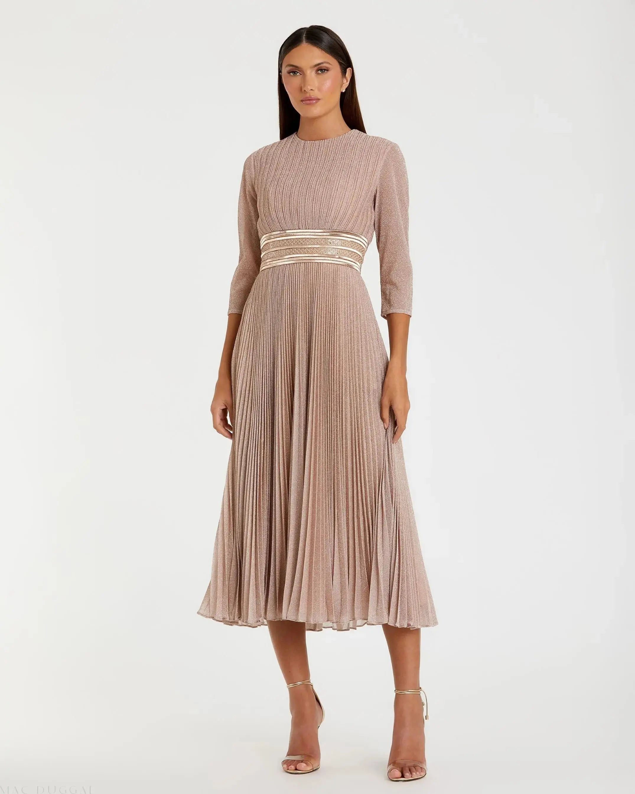 Pink Shimmering 3/4 Sleeve A-Line Midi Dress-Myartka