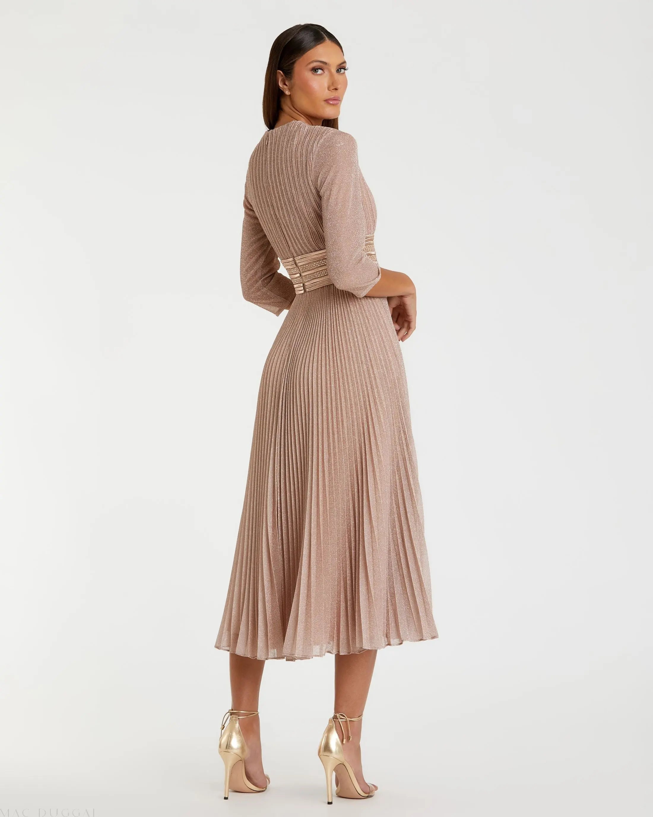 Pink Shimmering 3/4 Sleeve A-Line Midi Dress-Myartka