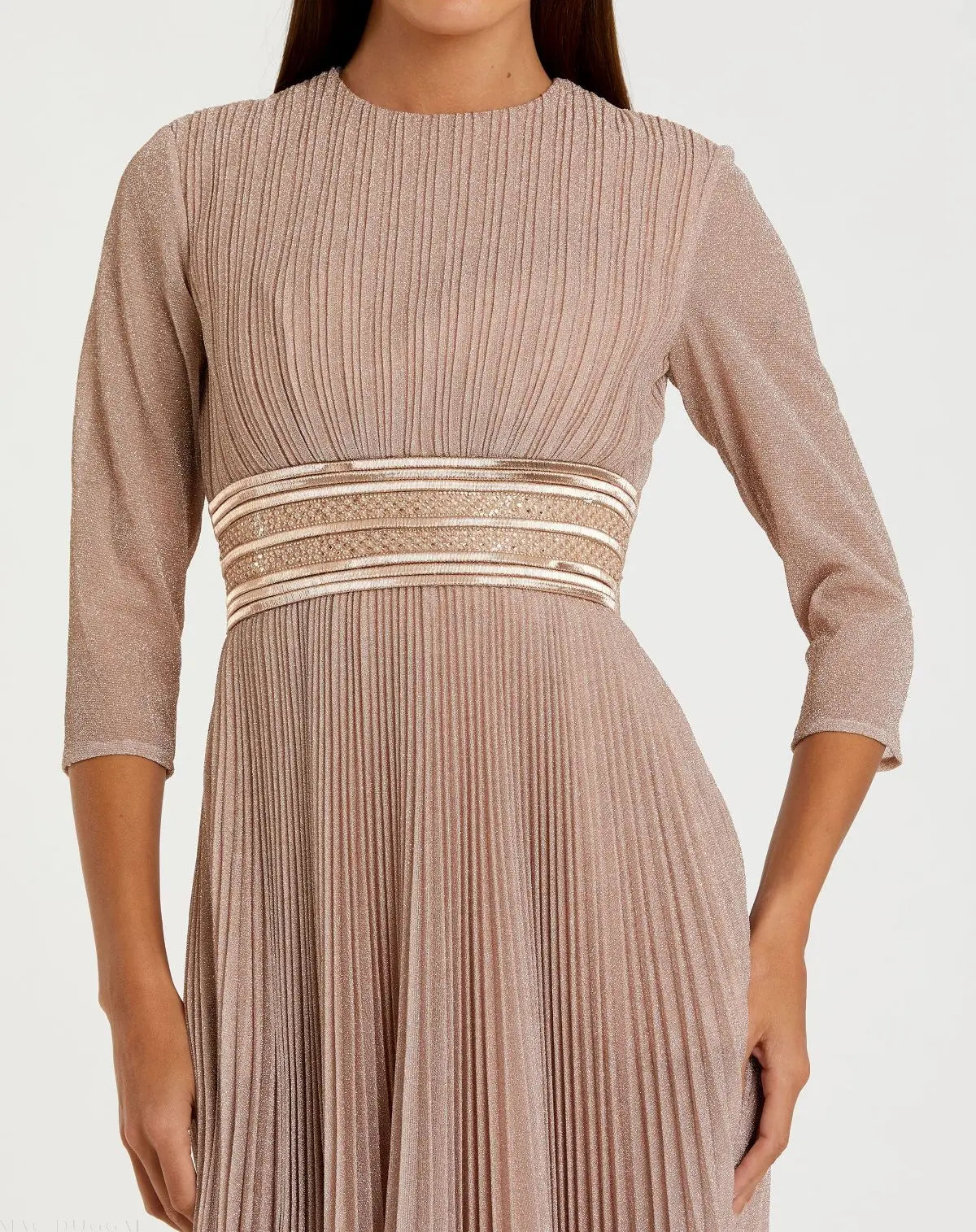 Pink Shimmering 3/4 Sleeve A-Line Midi Dress-Myartka
