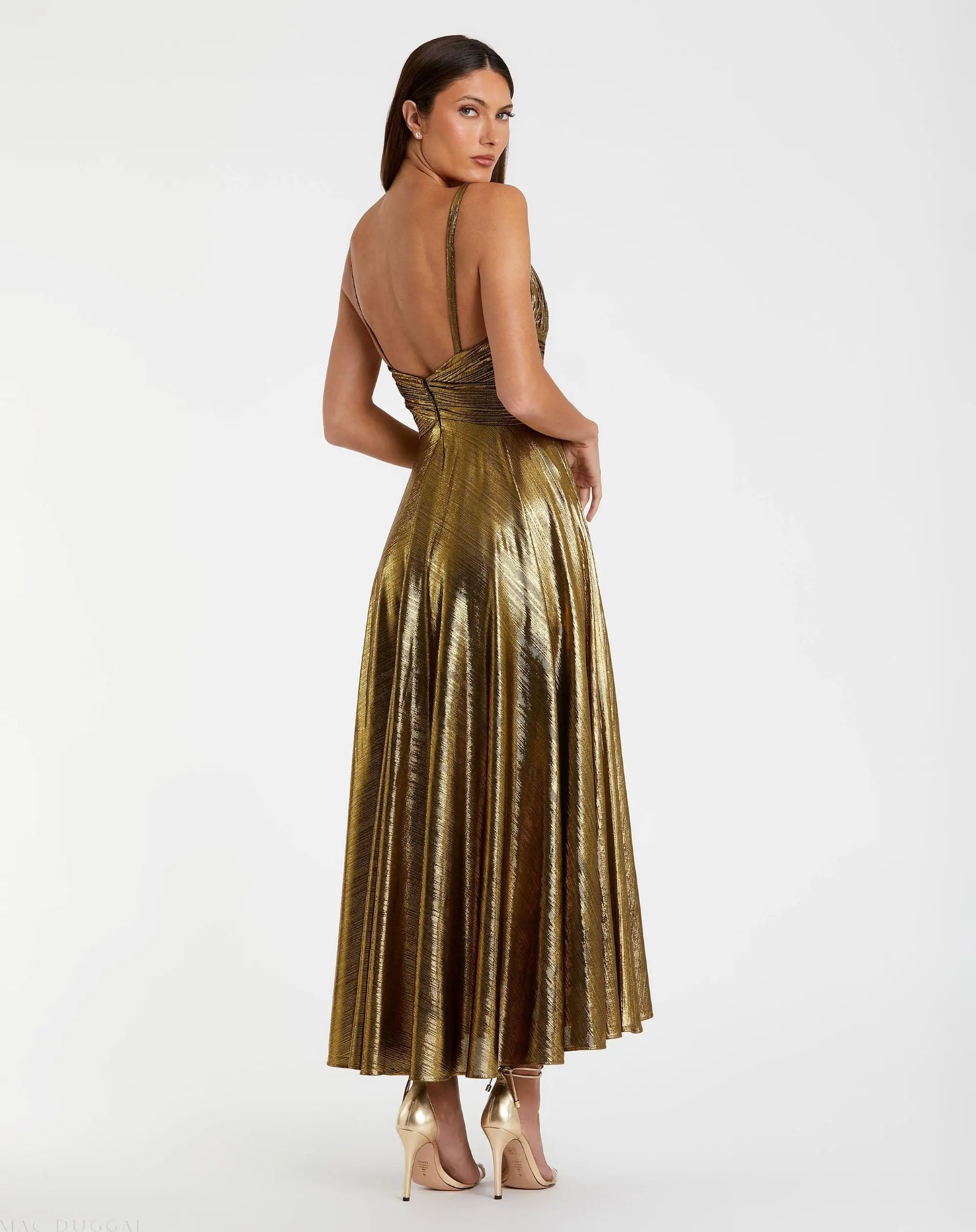 Gold Sleeveless V Neck Pleated Top Metallic Dress-Myartka