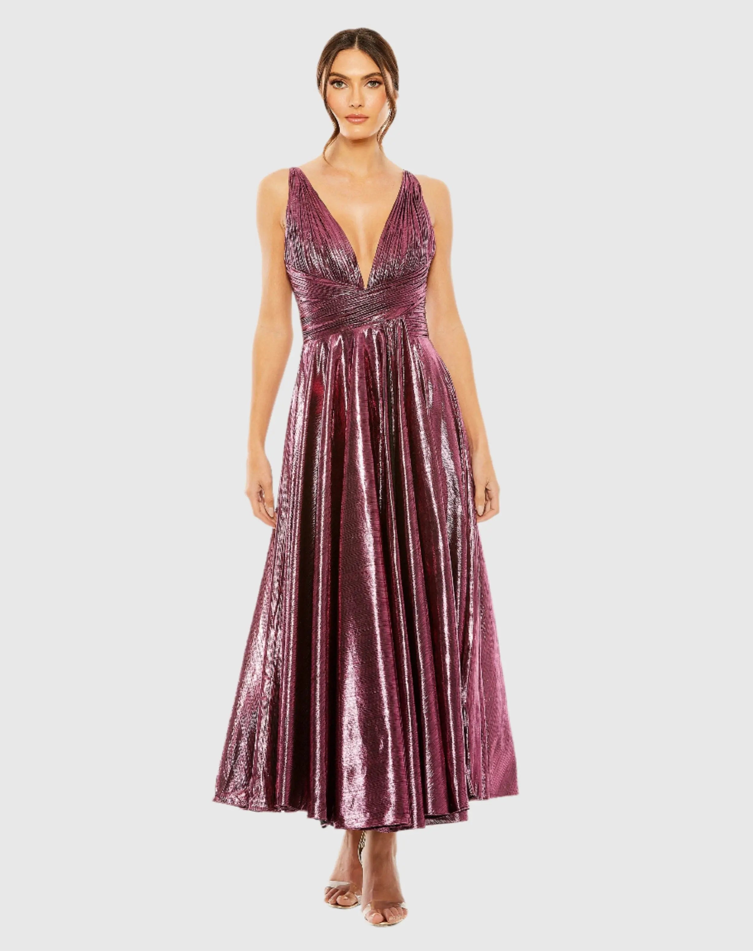 Pink Sleeveless V Neck Pleated Top Metallic Dress-Myartka