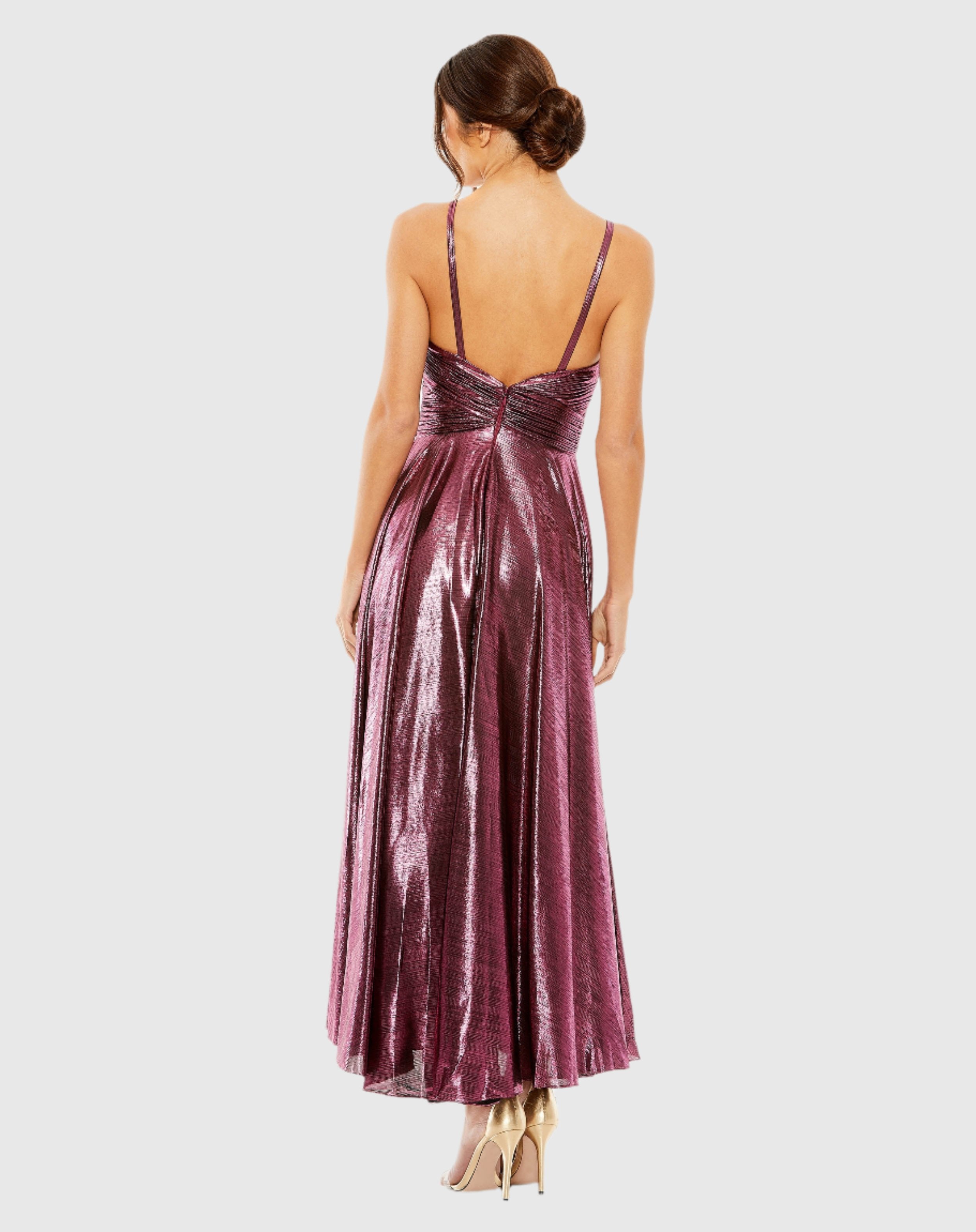 Pink Sleeveless V Neck Pleated Top Metallic Dress-Myartka