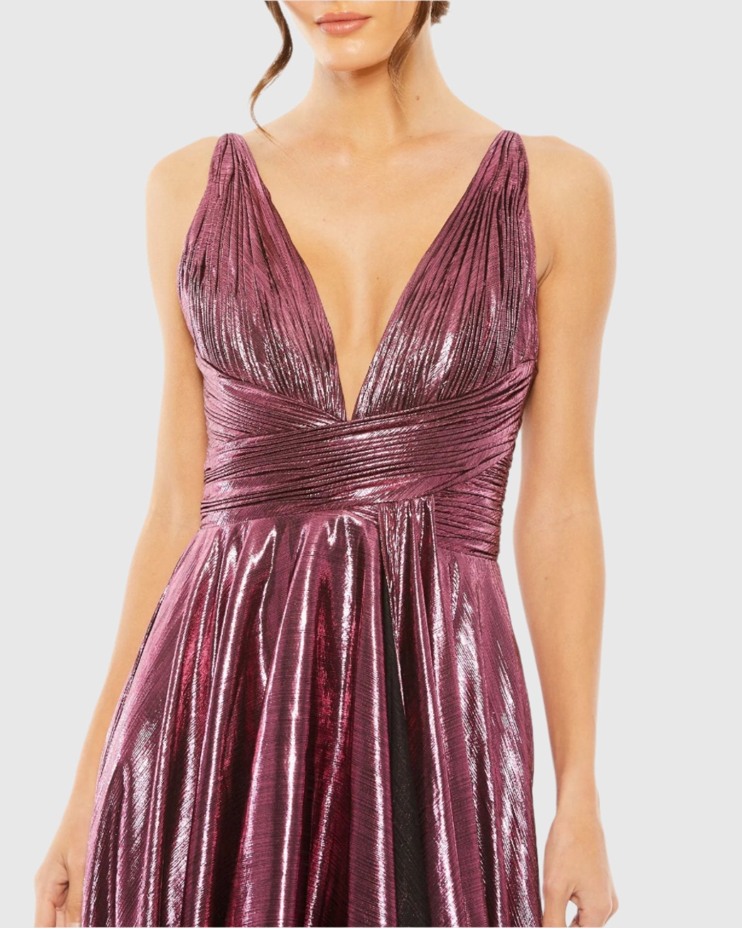 Pink Sleeveless V Neck Pleated Top Metallic Dress-Myartka