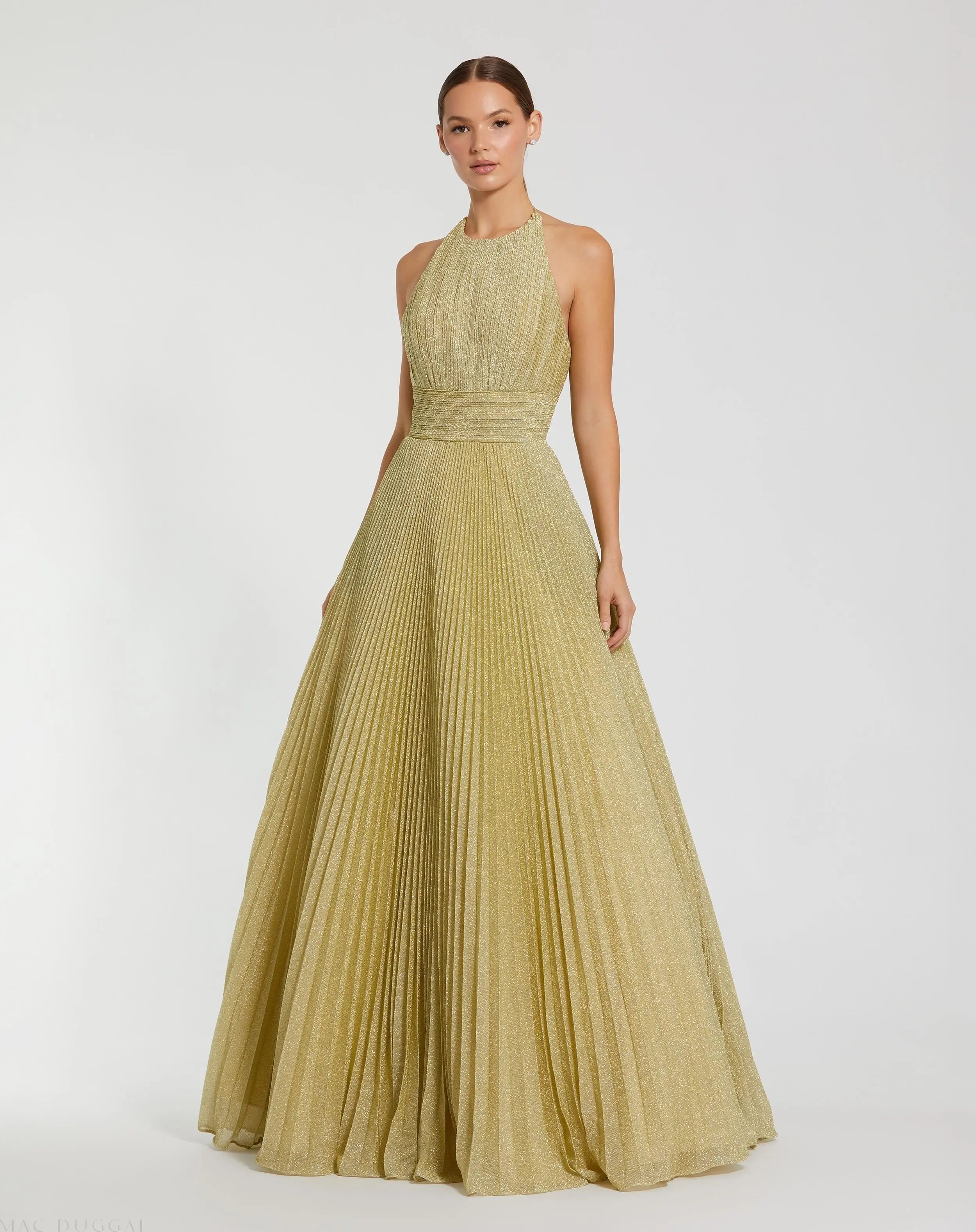 Gold Shimmering Pleated High Neck Ball Gown-Myartka