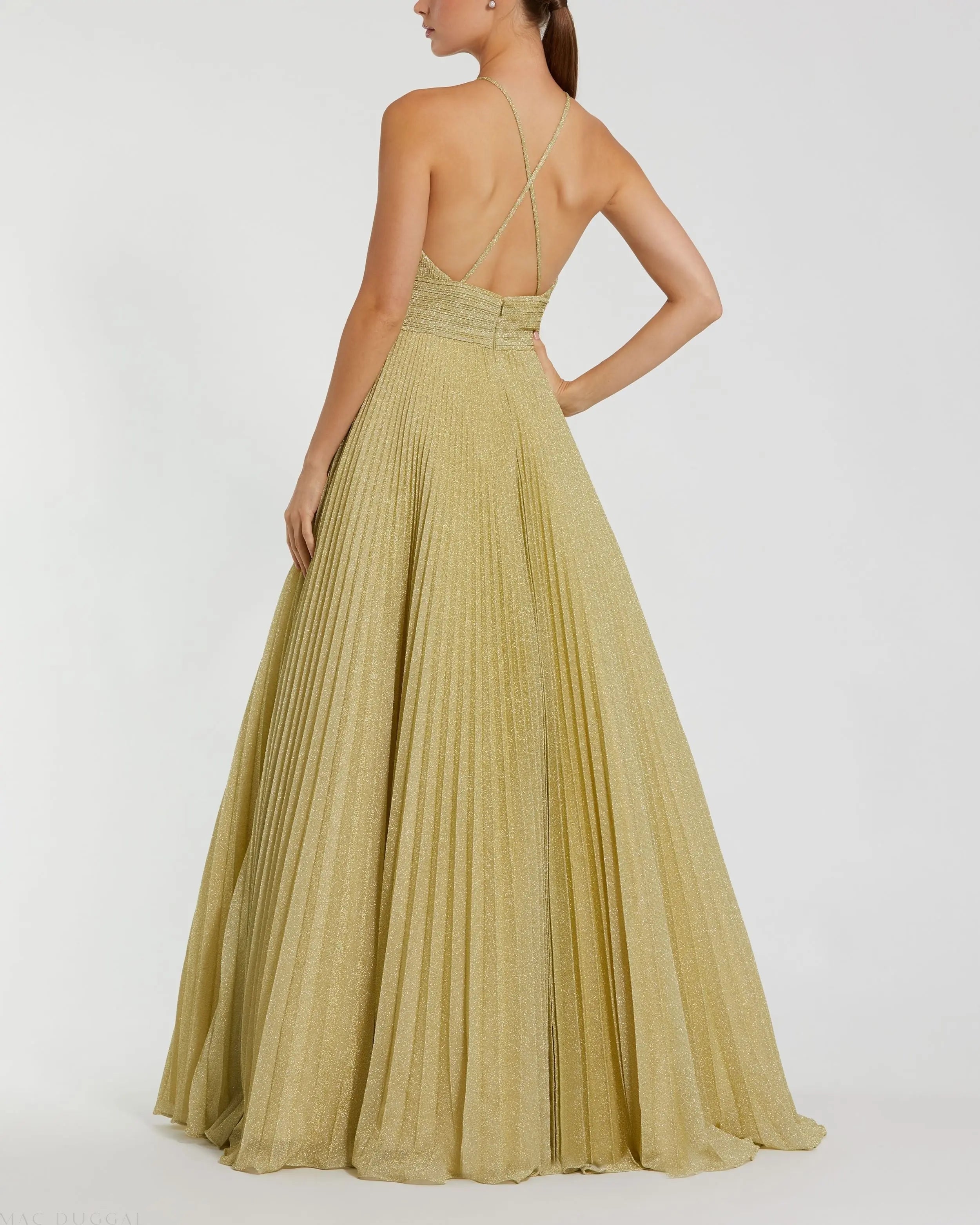 Gold Shimmering Pleated High Neck Ball Gown-Myartka
