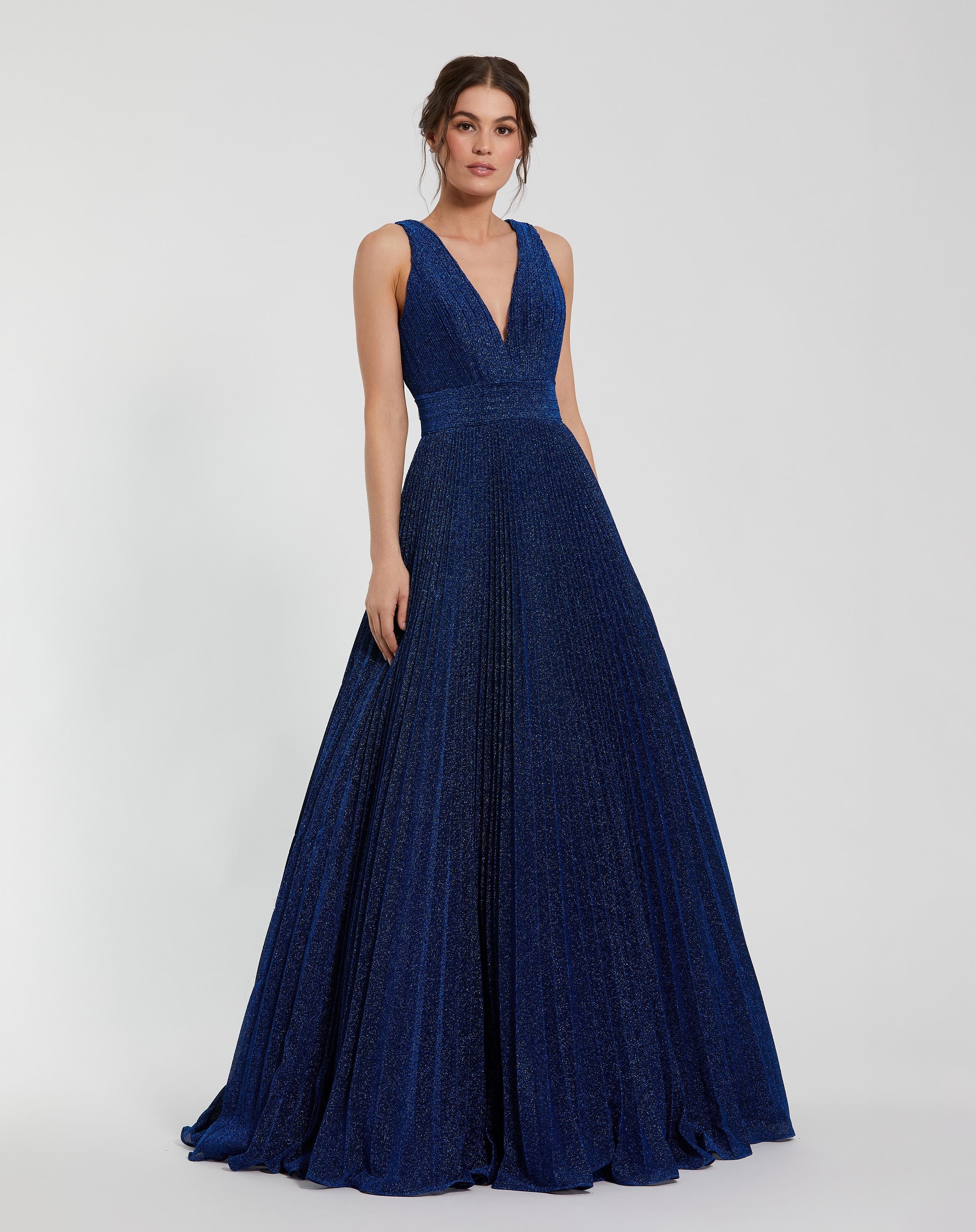 Navy Shimmering Pleated Sleeveless Gown-Myartka