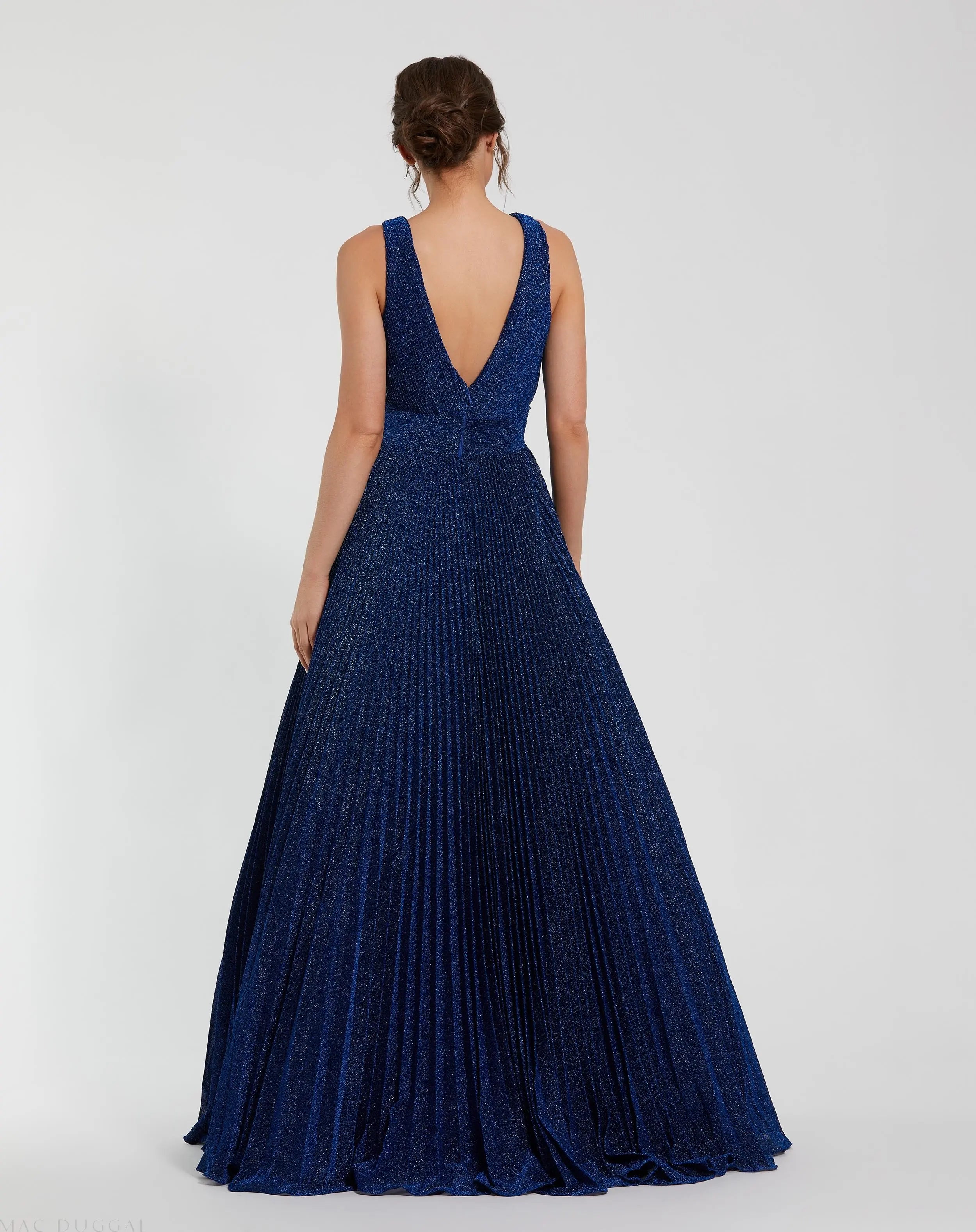 Navy Shimmering Pleated Sleeveless Gown-Myartka