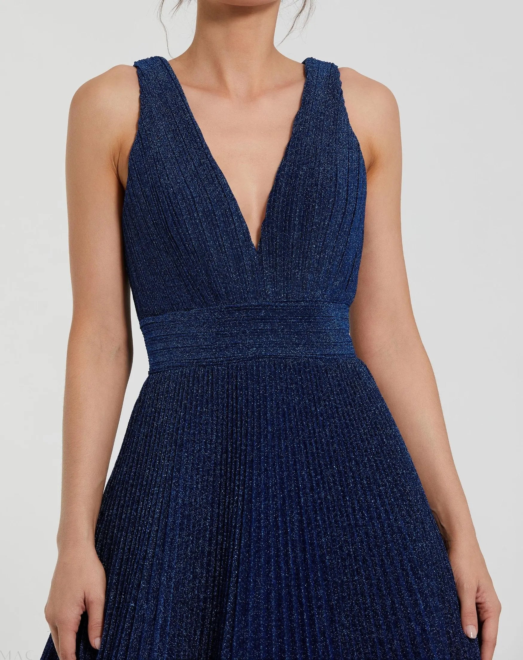 Navy Shimmering Pleated Sleeveless Gown-Myartka