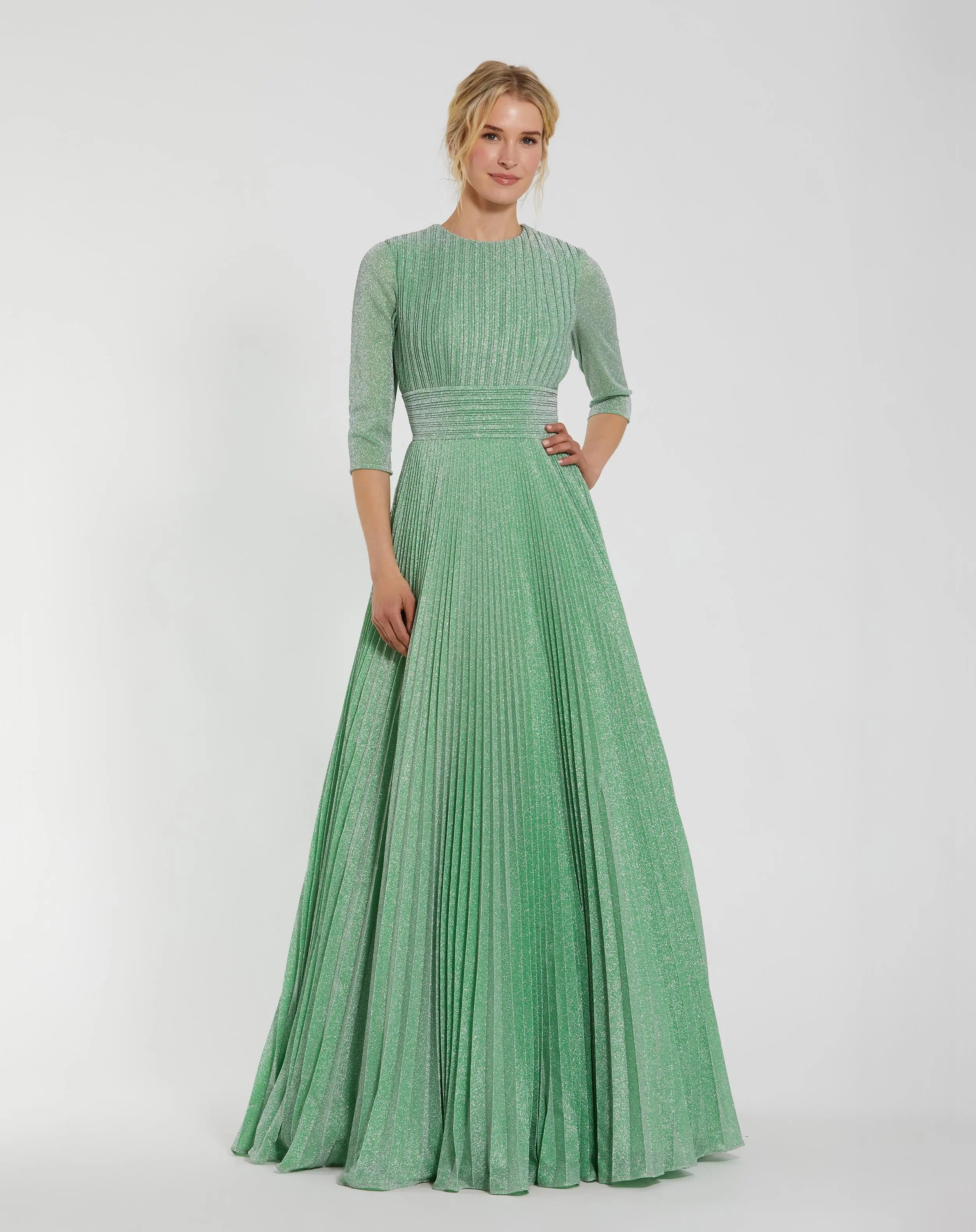 Green Pleated Shimmering 3/4 Sleeve Ball Gown-Myartka