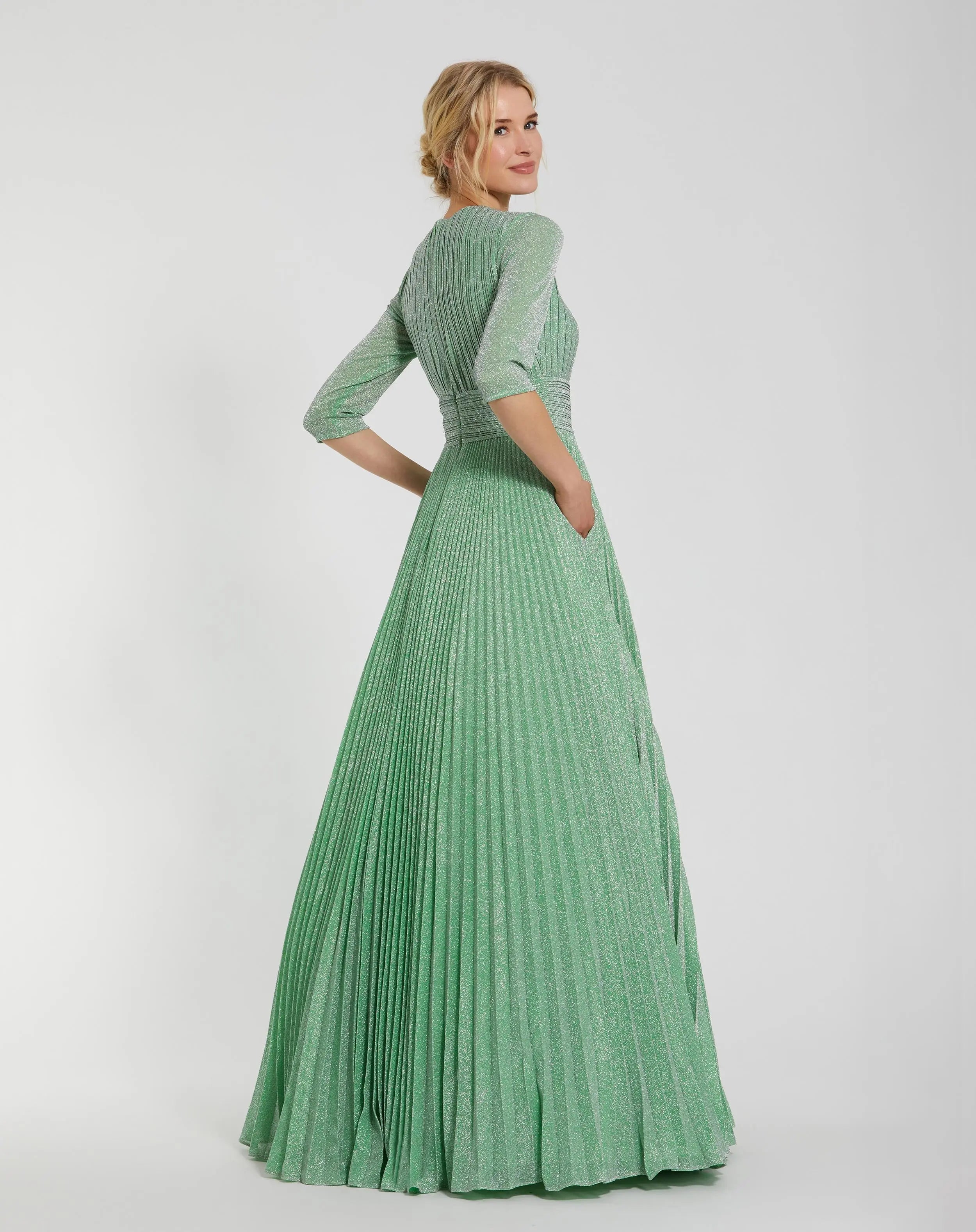 Green Pleated Shimmering 3/4 Sleeve Ball Gown-Myartka