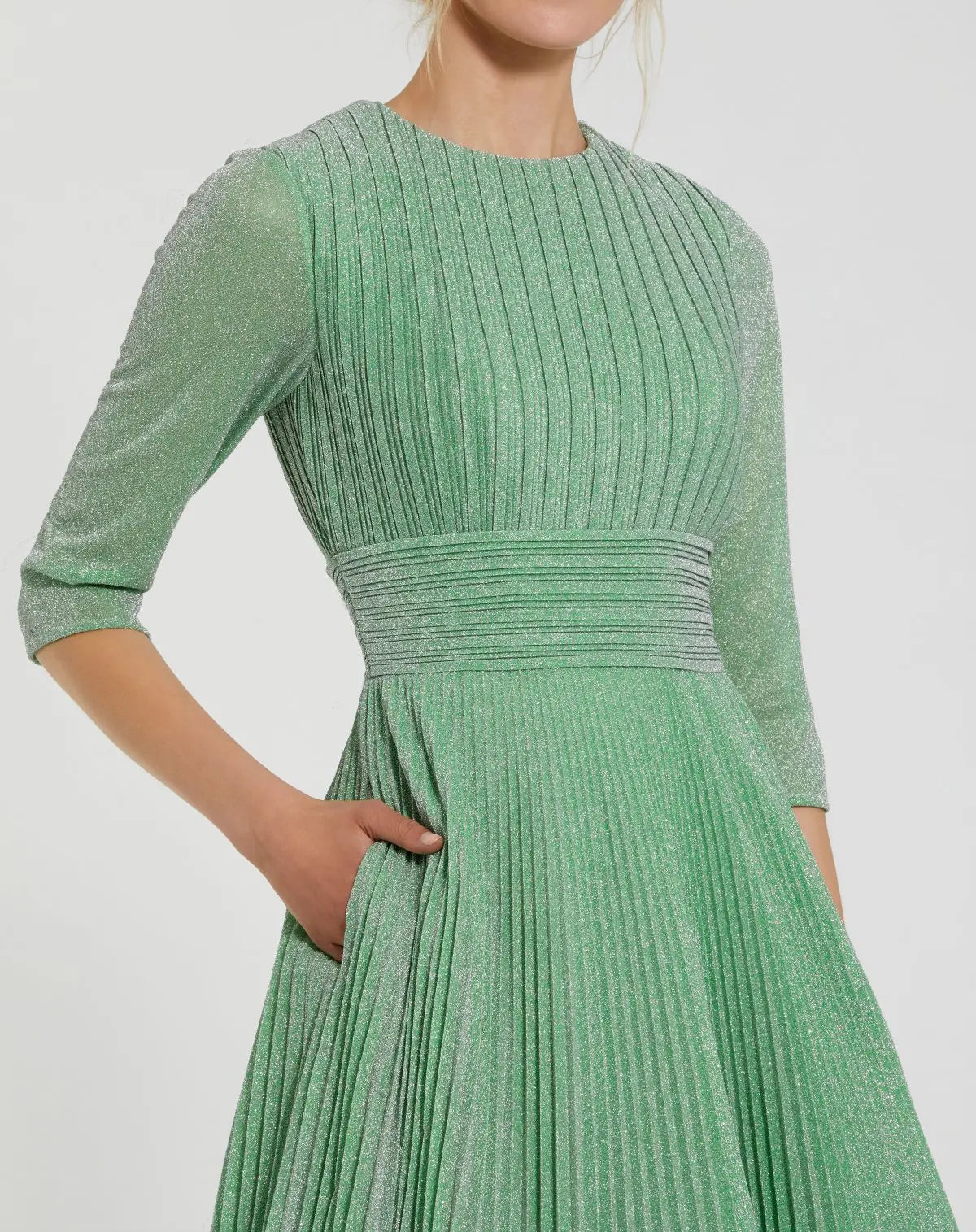 Green Pleated Shimmering 3/4 Sleeve Ball Gown-Myartka