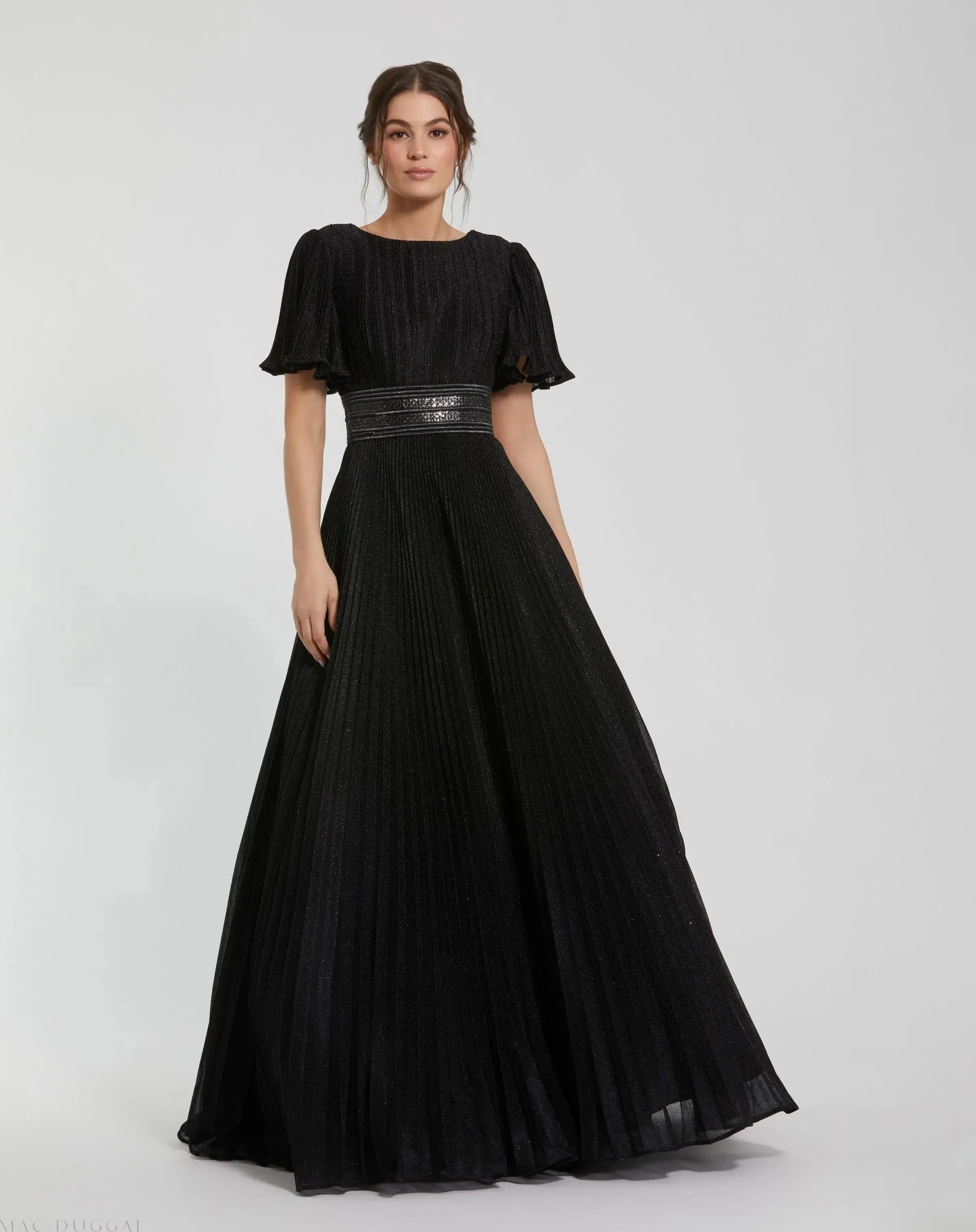 Black Pleated Shimmering Flutter Sleeve Ball Gown-Myartka