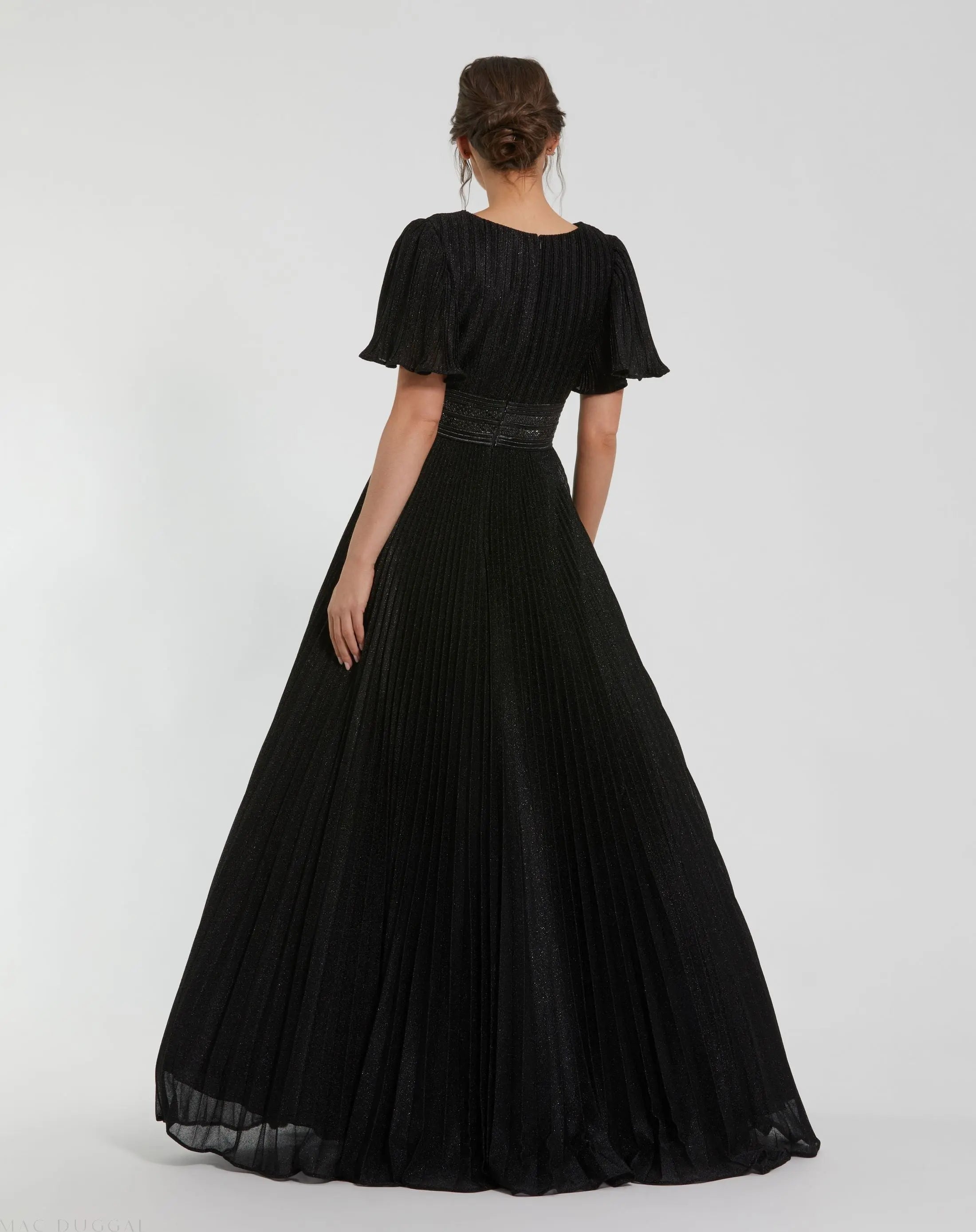 Black Pleated Shimmering Flutter Sleeve Ball Gown-Myartka