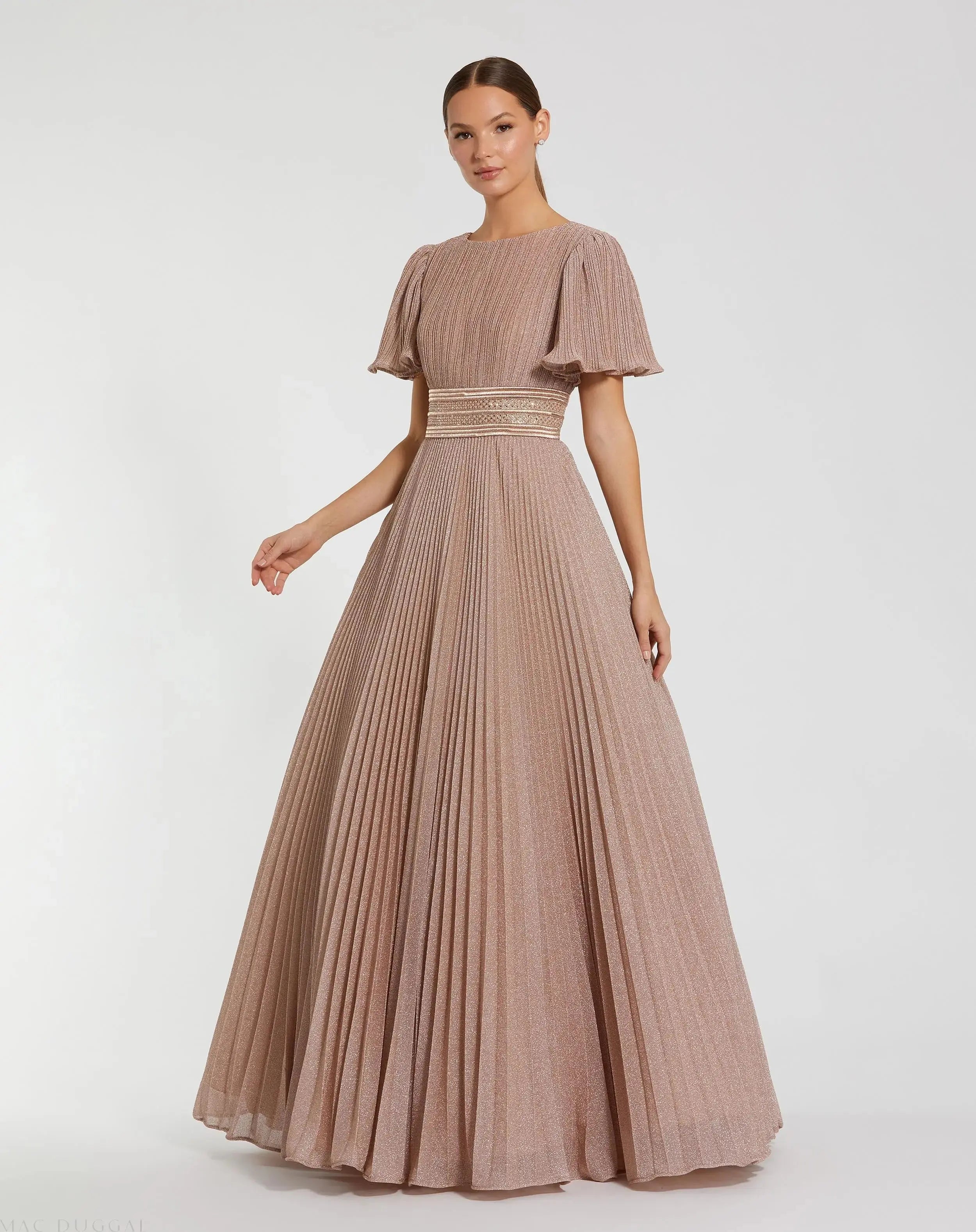 Pink Pleated Shimmering Flutter Sleeve Ball Gown-Myartka