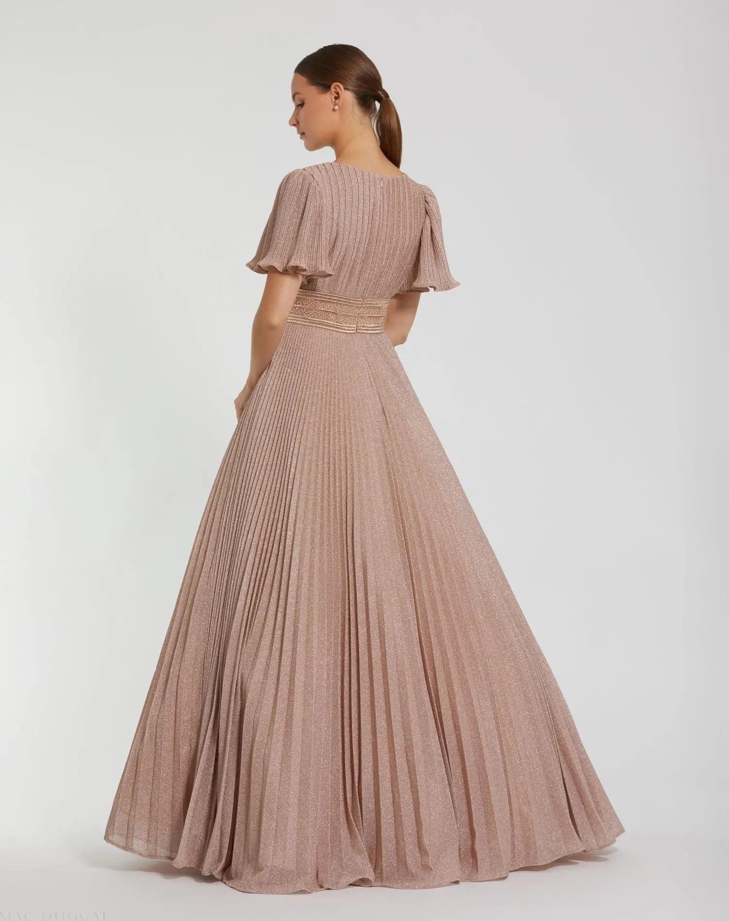 Pink Pleated Shimmering Flutter Sleeve Ball Gown-Myartka