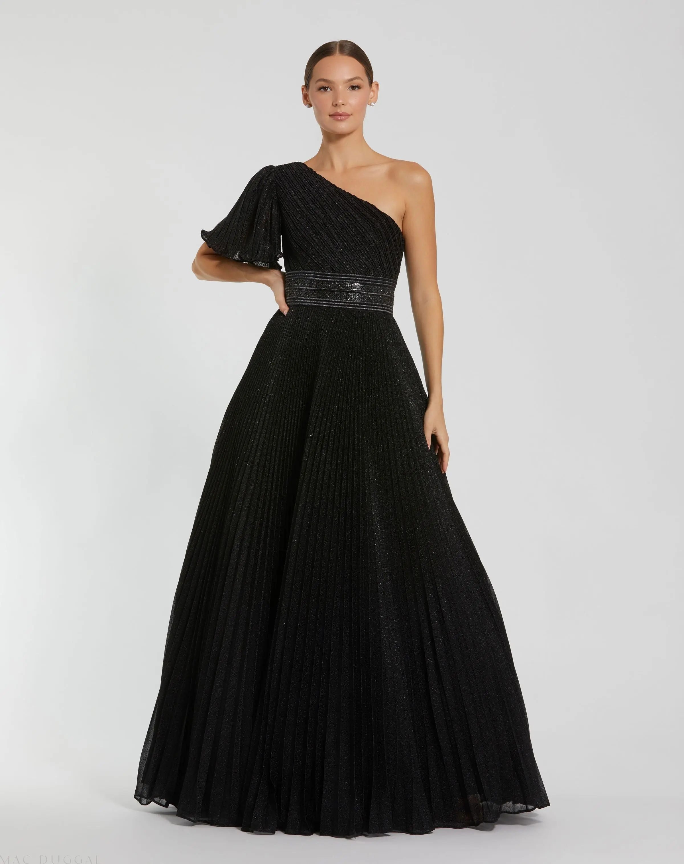Black Pleated Shimmering One Shoulder Gown-Myartka