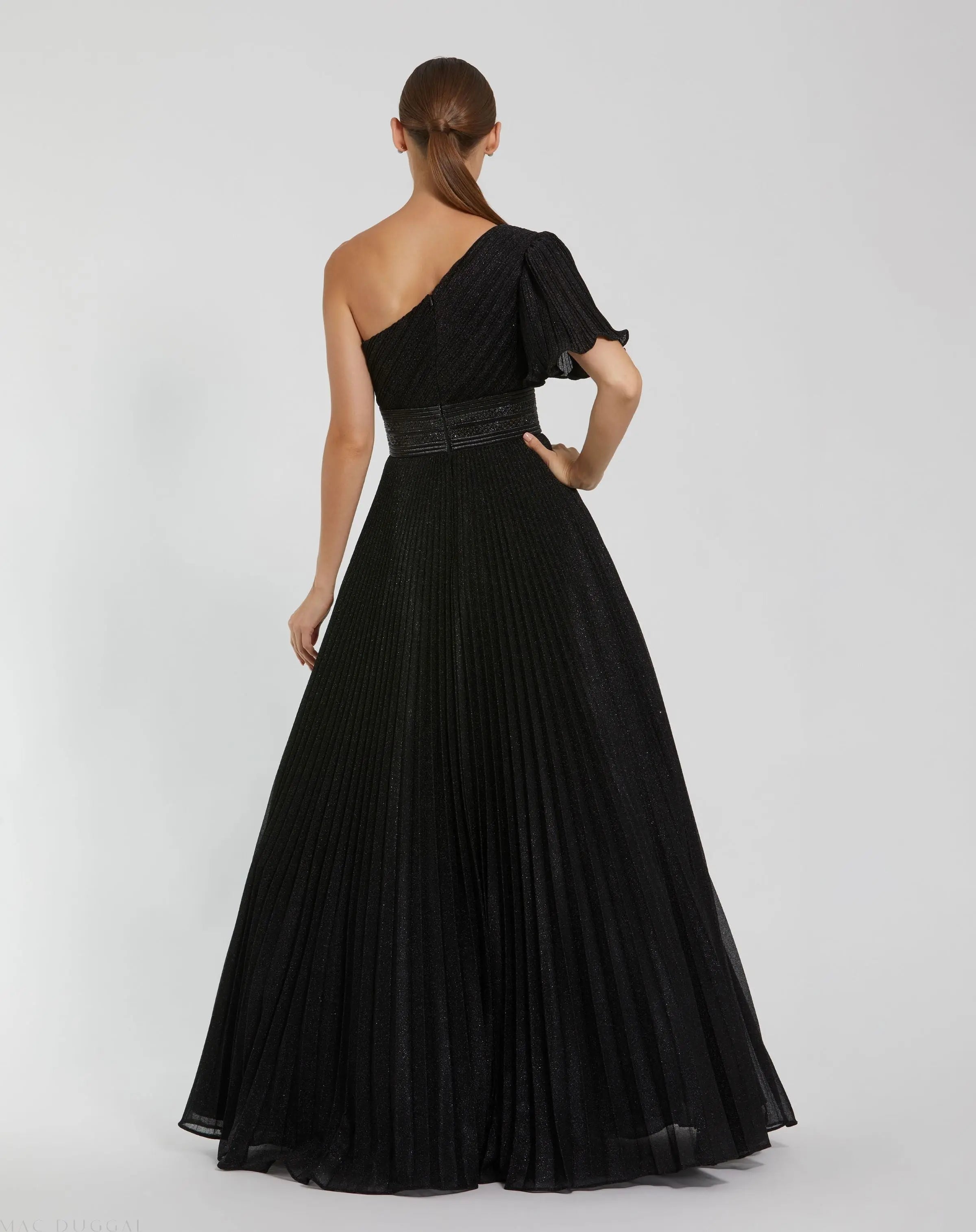 Black Pleated Shimmering One Shoulder Gown-Myartka