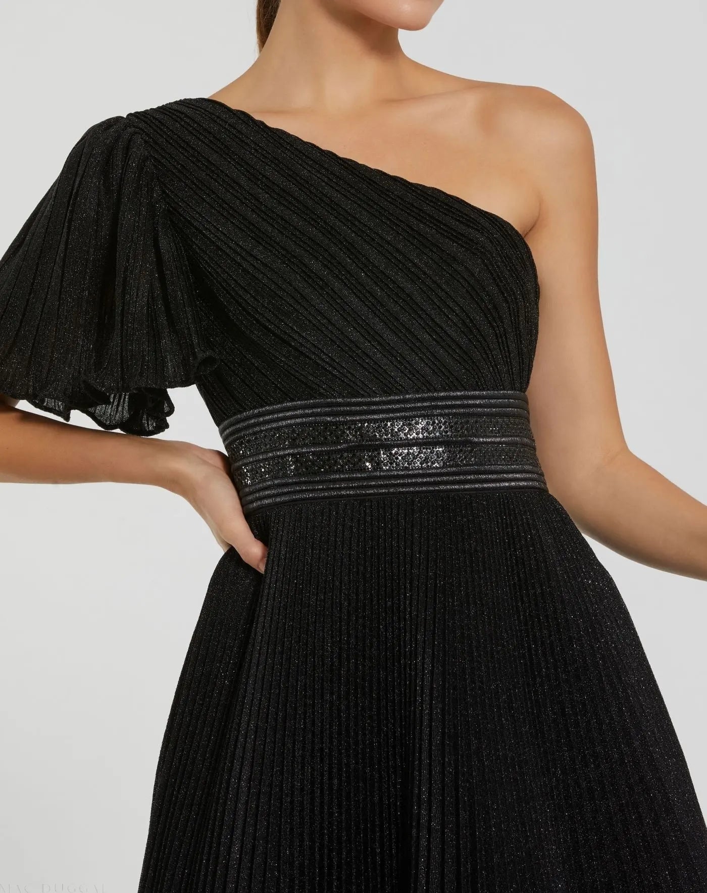 Black Pleated Shimmering One Shoulder Gown-Myartka