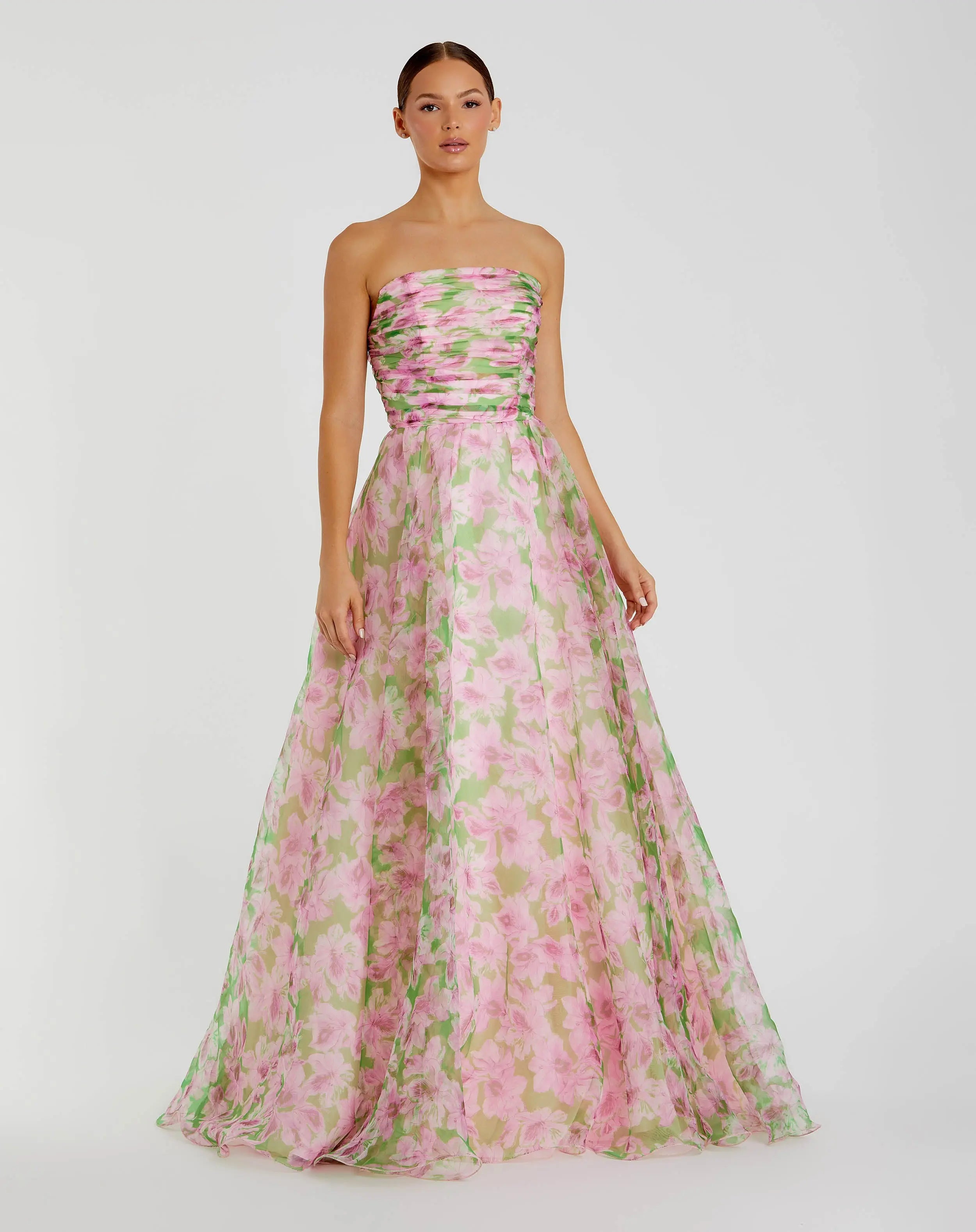 Pink Strapless Floral Chiffon Gown with Ruched Detail-Myartka