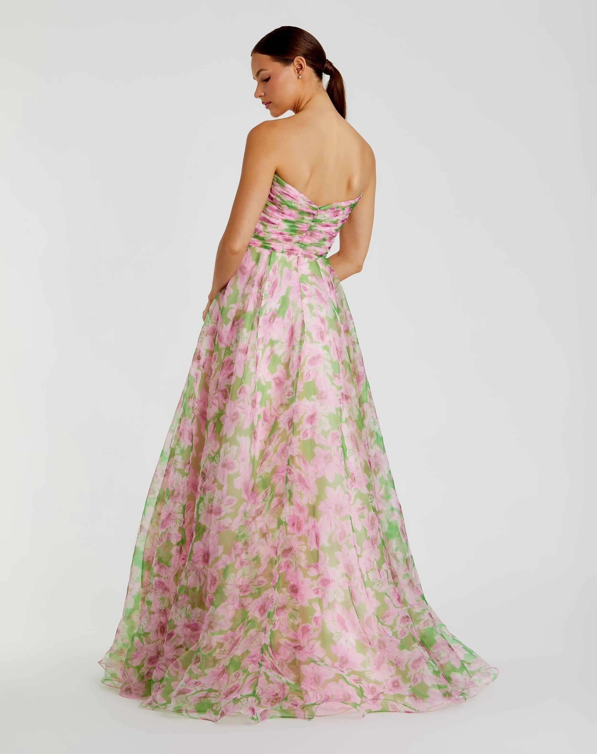Pink Strapless Floral Chiffon Gown with Ruched Detail-Myartka