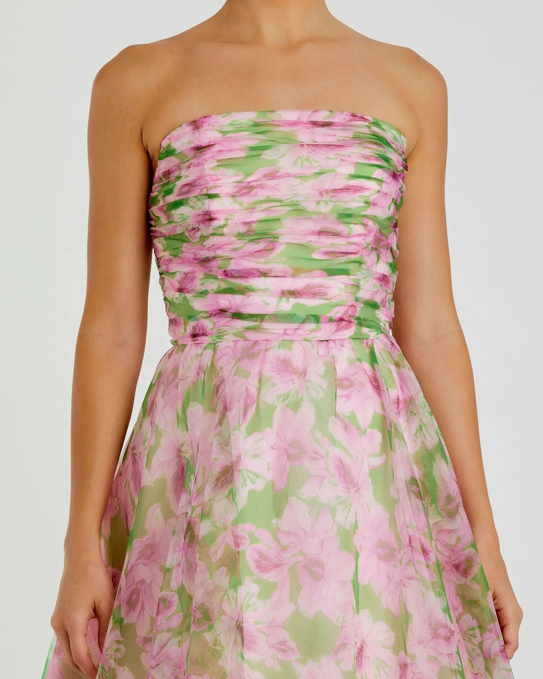 Pink Strapless Floral Chiffon Gown with Ruched Detail-Myartka