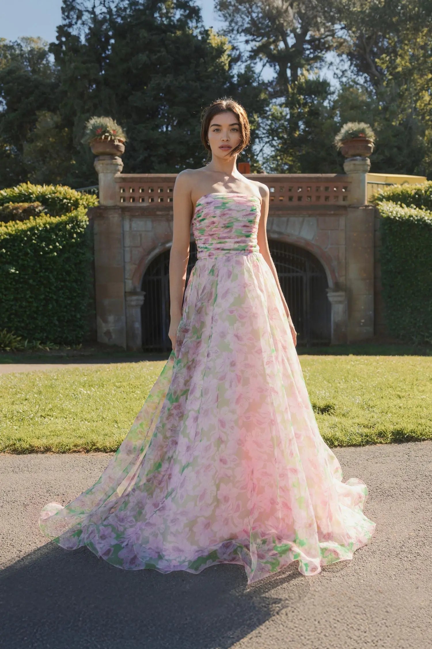 Pink Strapless Floral Chiffon Gown with Ruched Detail-Myartka