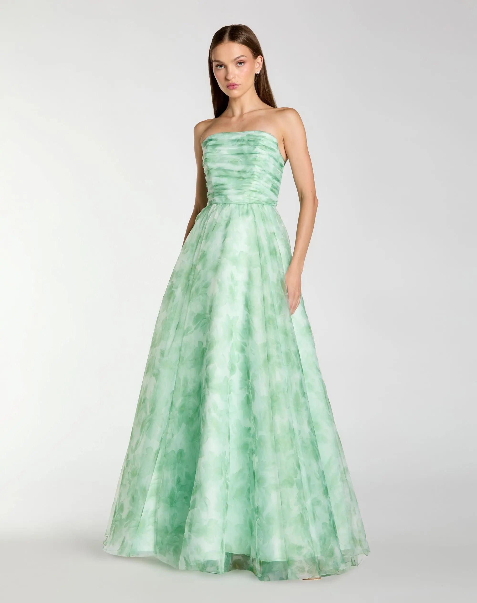Green Strapless Floral Chiffon Gown with Ruched Detail-Myartka