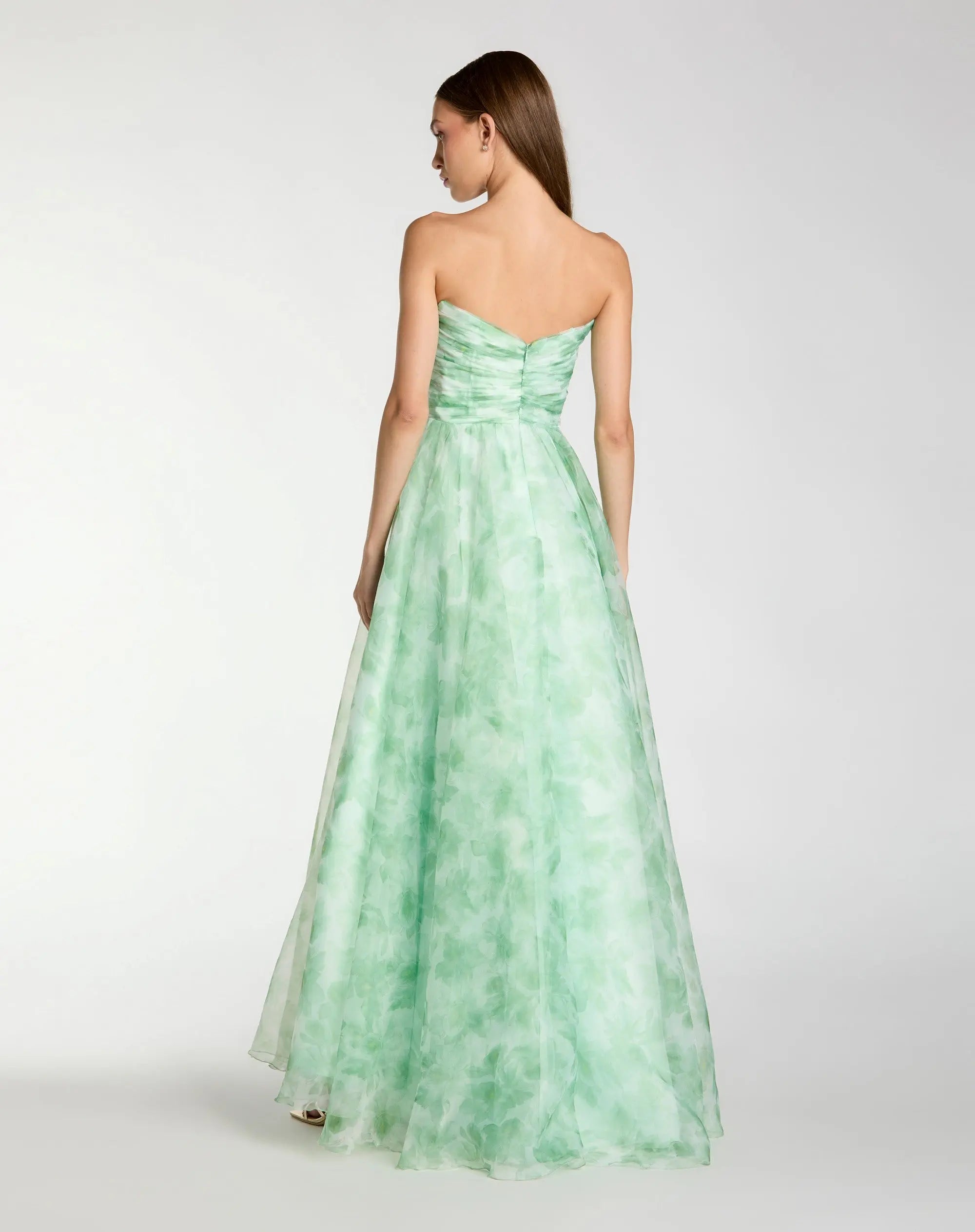 Green Strapless Floral Chiffon Gown with Ruched Detail-Myartka