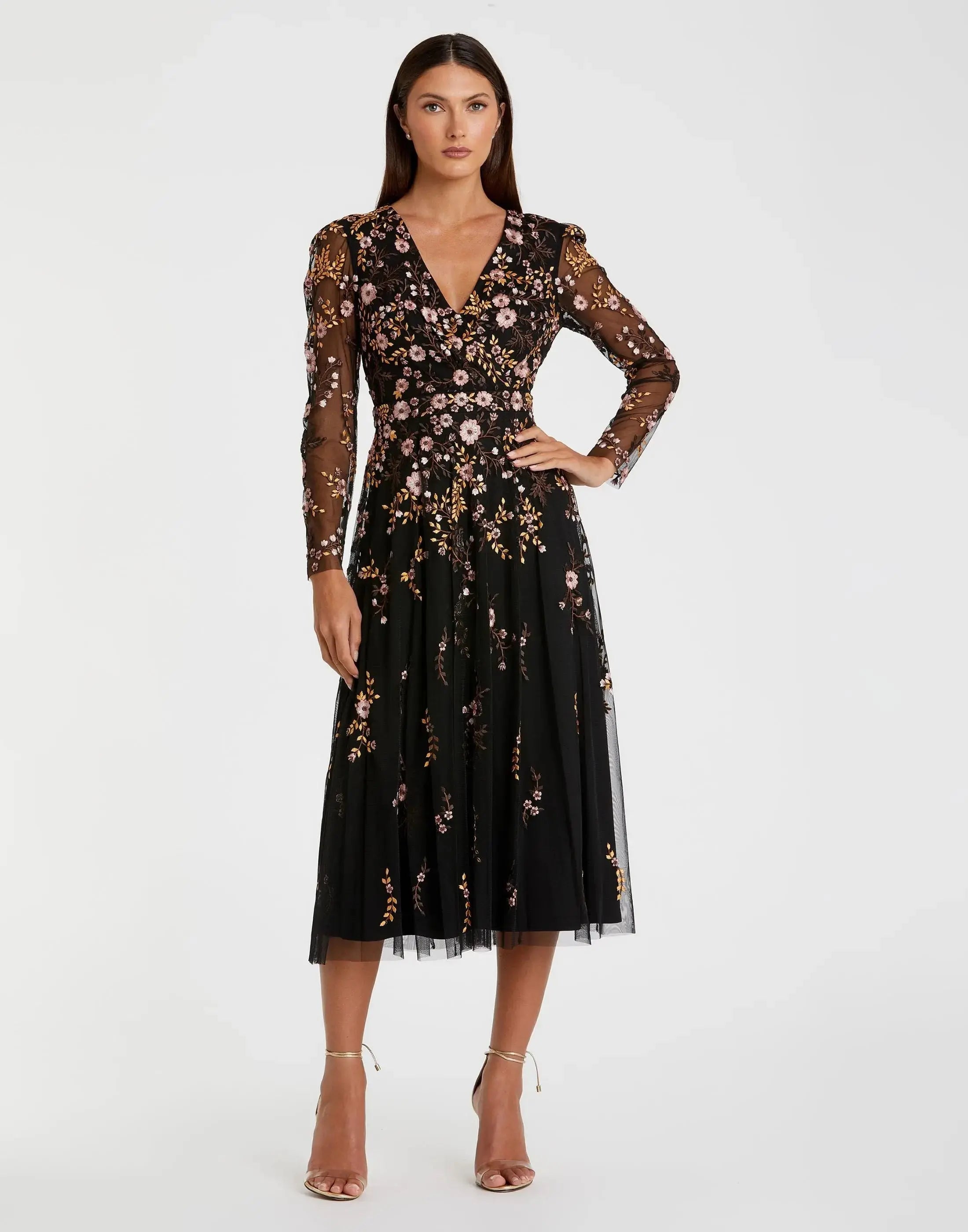Black Multicolor Floral Embroidered A-Line Cocktail Dress-Myartka