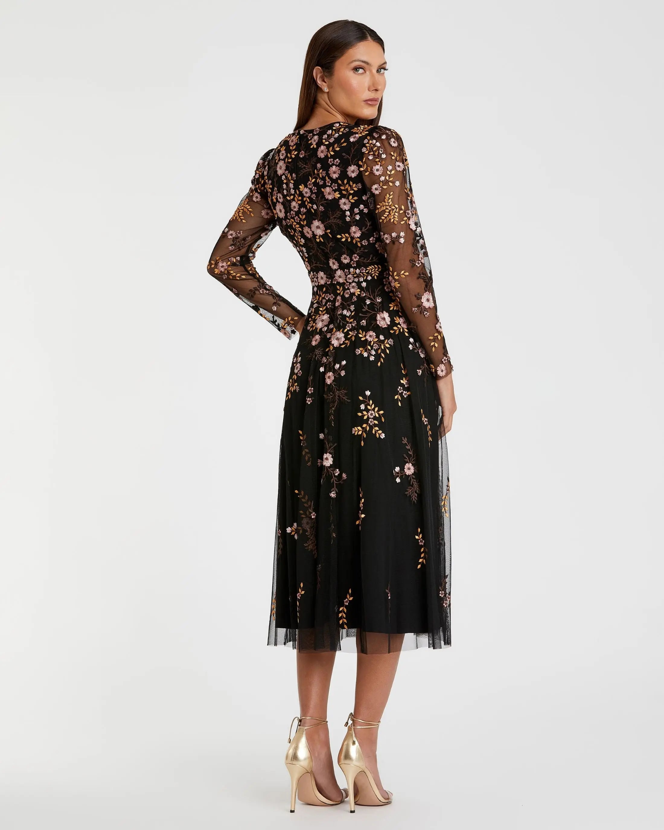 Black Multicolor Floral Embroidered A-Line Cocktail Dress-Myartka