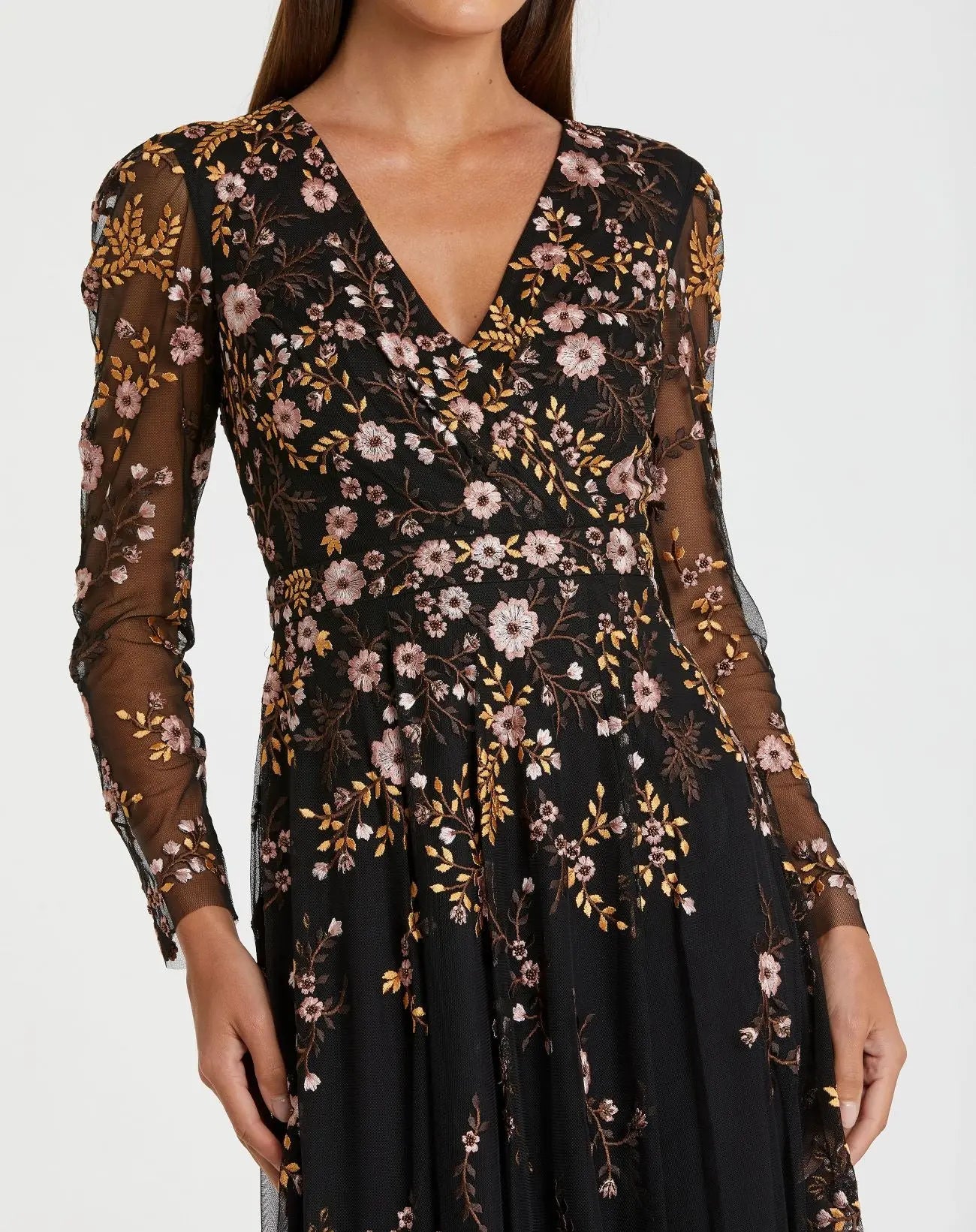 Black Multicolor Floral Embroidered A-Line Cocktail Dress-Myartka