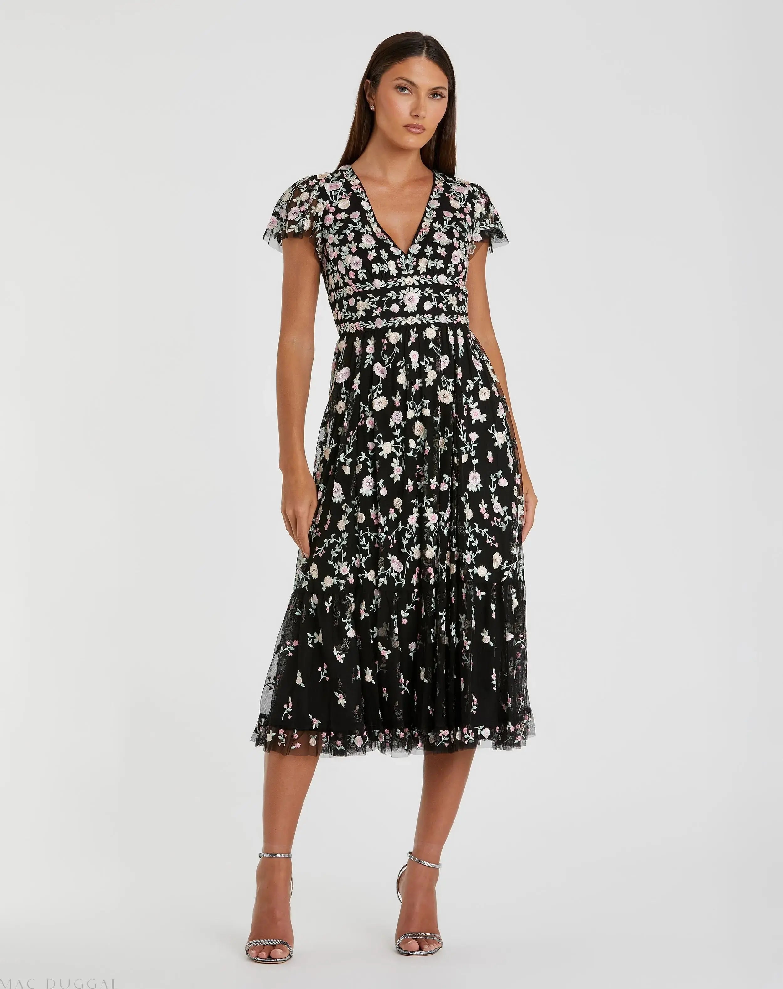 Black Multicolor Embroidered V Neck Cap Sleeve Midi Dress-Myartka