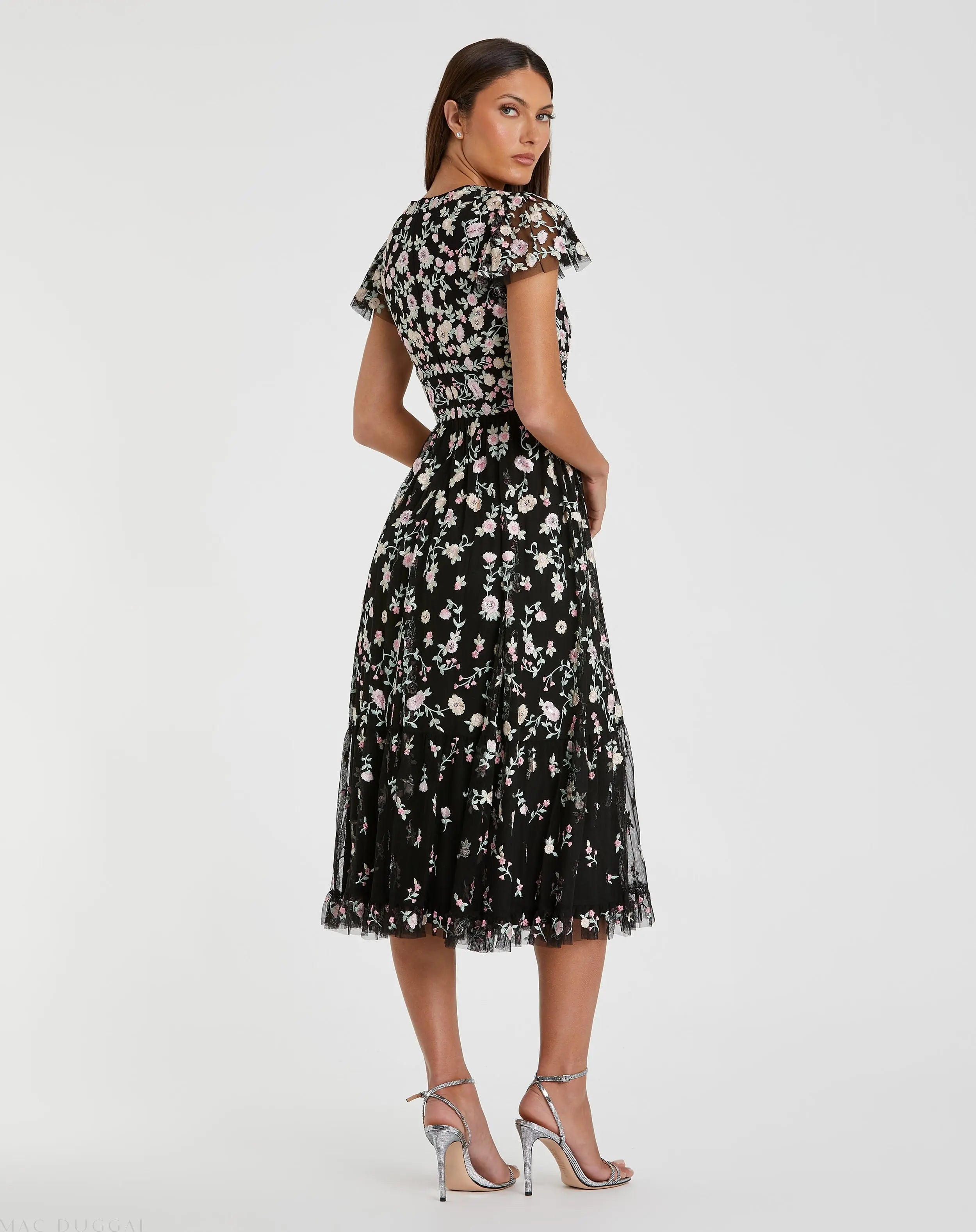 Black Multicolor Embroidered V Neck Cap Sleeve Midi Dress-Myartka