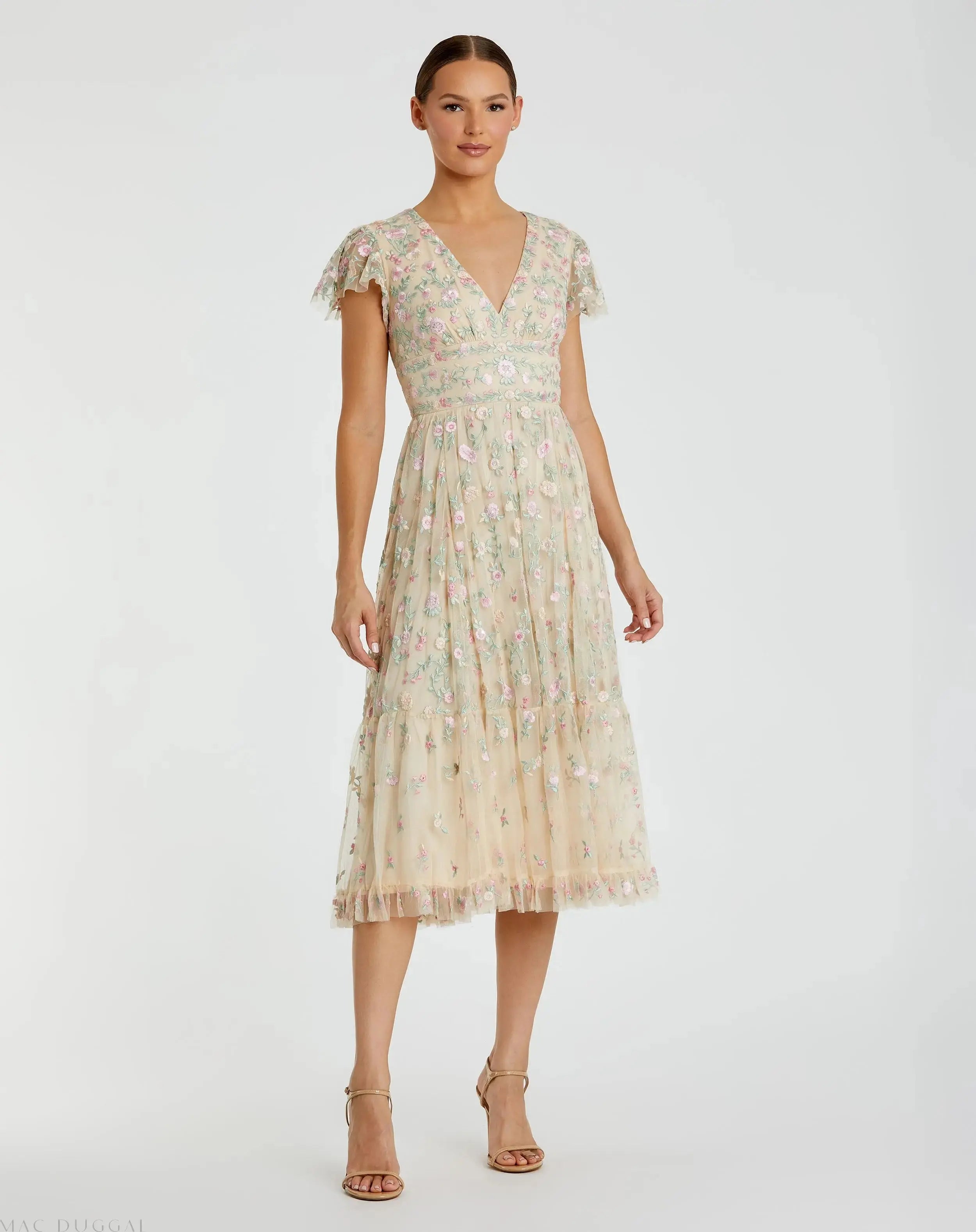 Beige Multicolor Embroidered V Neck Cap Sleeve Midi Dress - FINAL SALE-Myartka