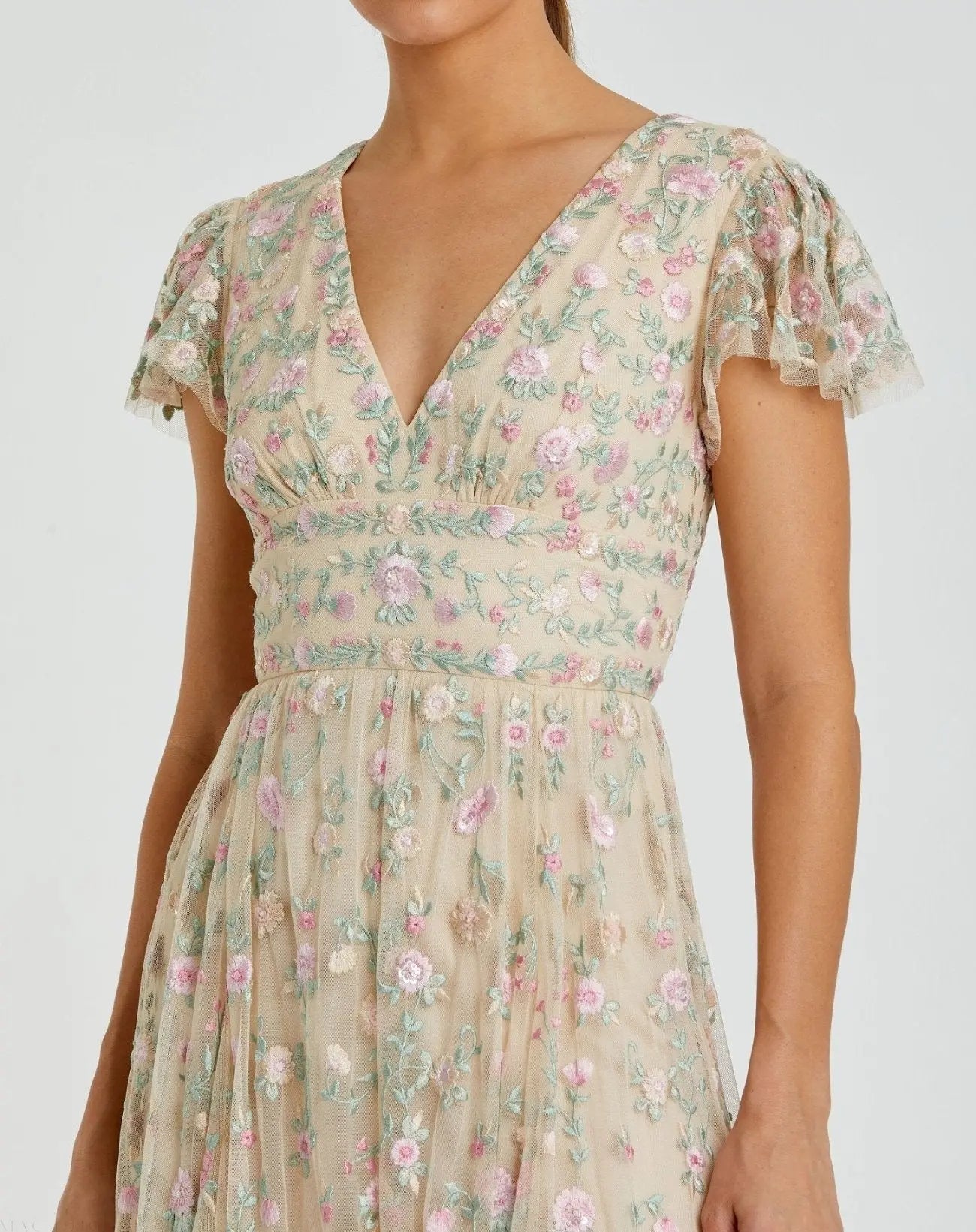 Beige Multicolor Embroidered V Neck Cap Sleeve Midi Dress - FINAL SALE-Myartka