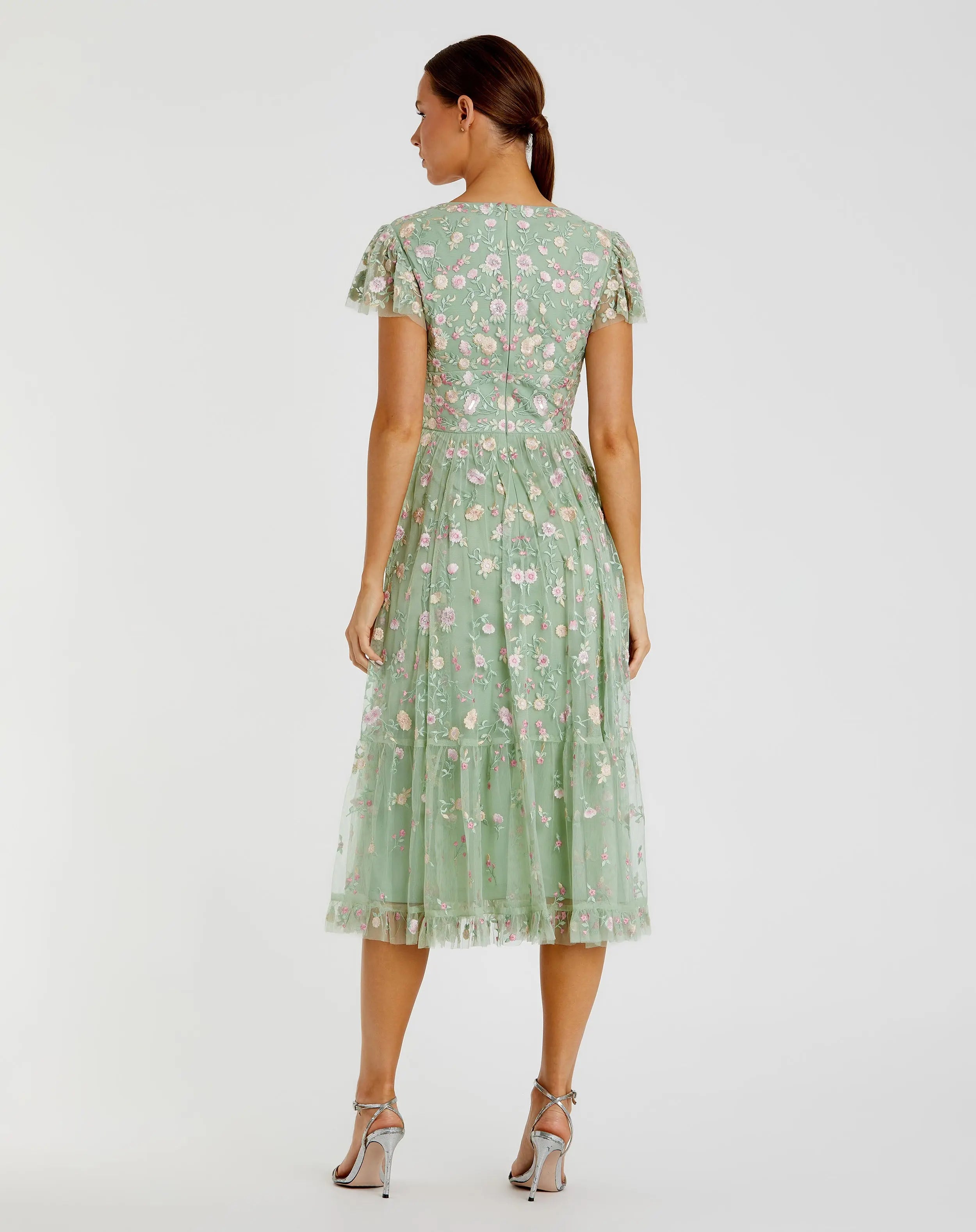 Green Multicolor Embroidered V Neck Cap Sleeve Midi Dress-Myartka