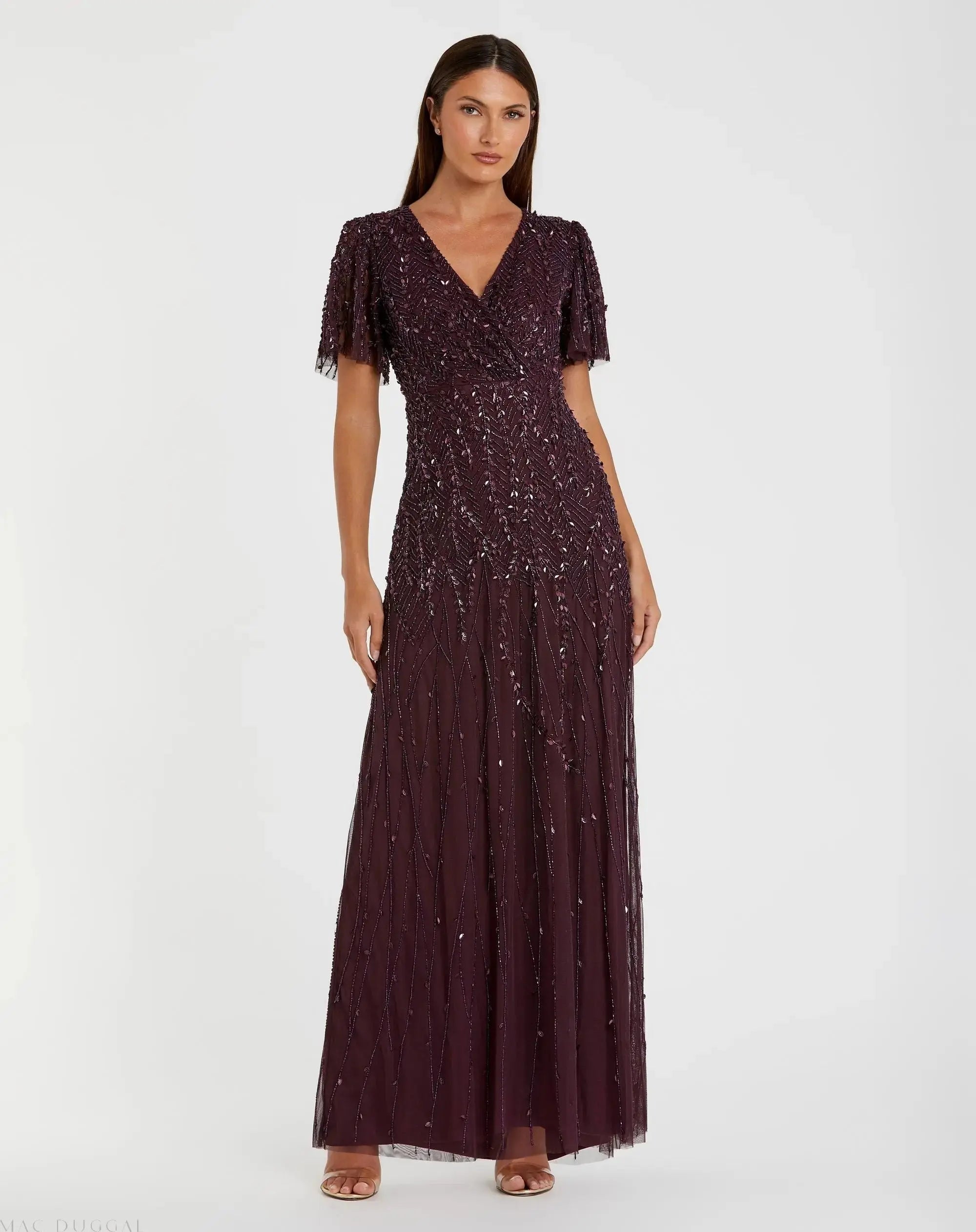 Purple Embellished Flutter Sleeve Gown-Myartka