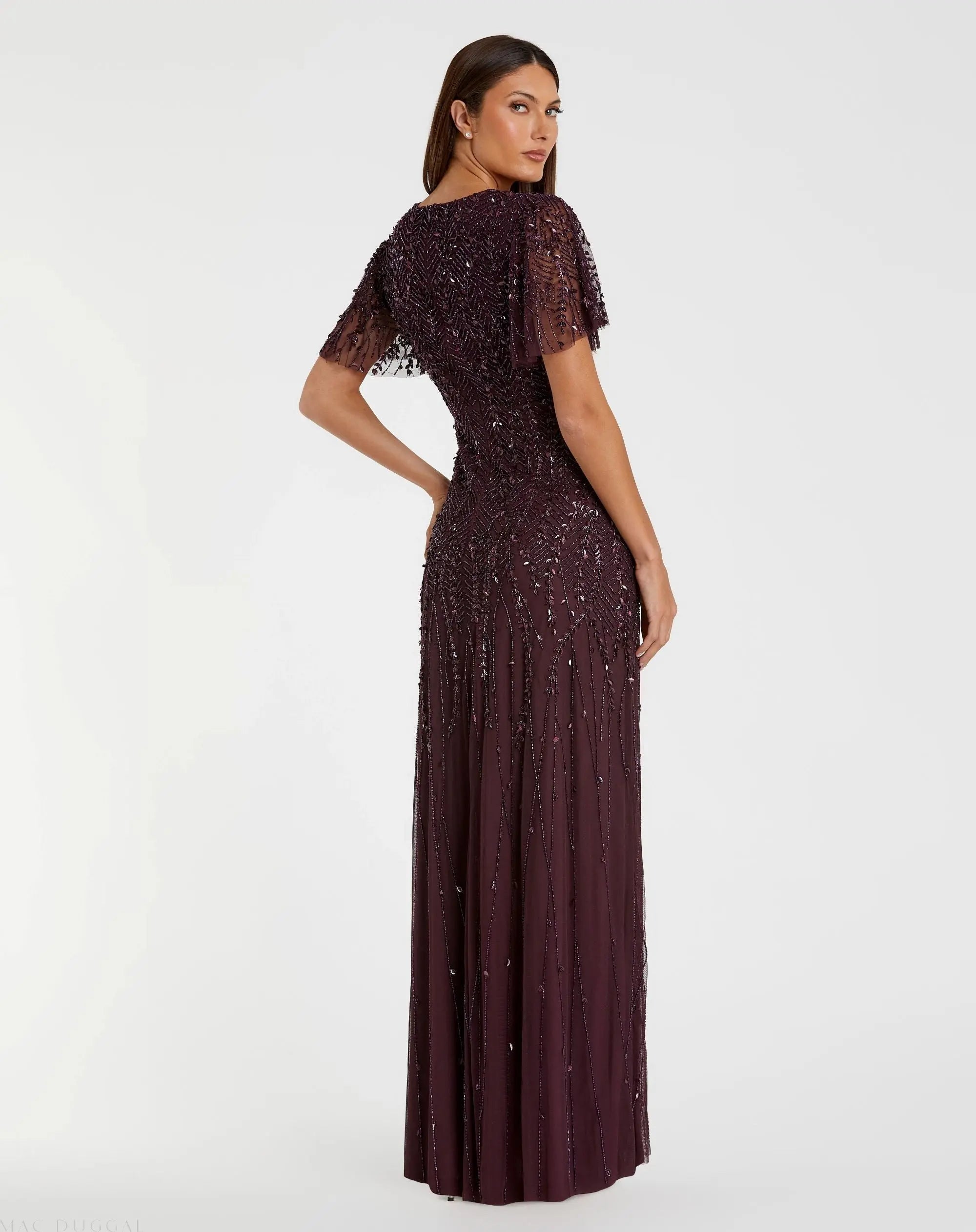 Purple Embellished Flutter Sleeve Gown-Myartka
