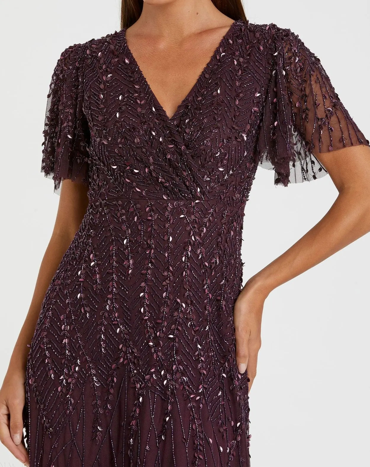 Purple Embellished Flutter Sleeve Gown-Myartka
