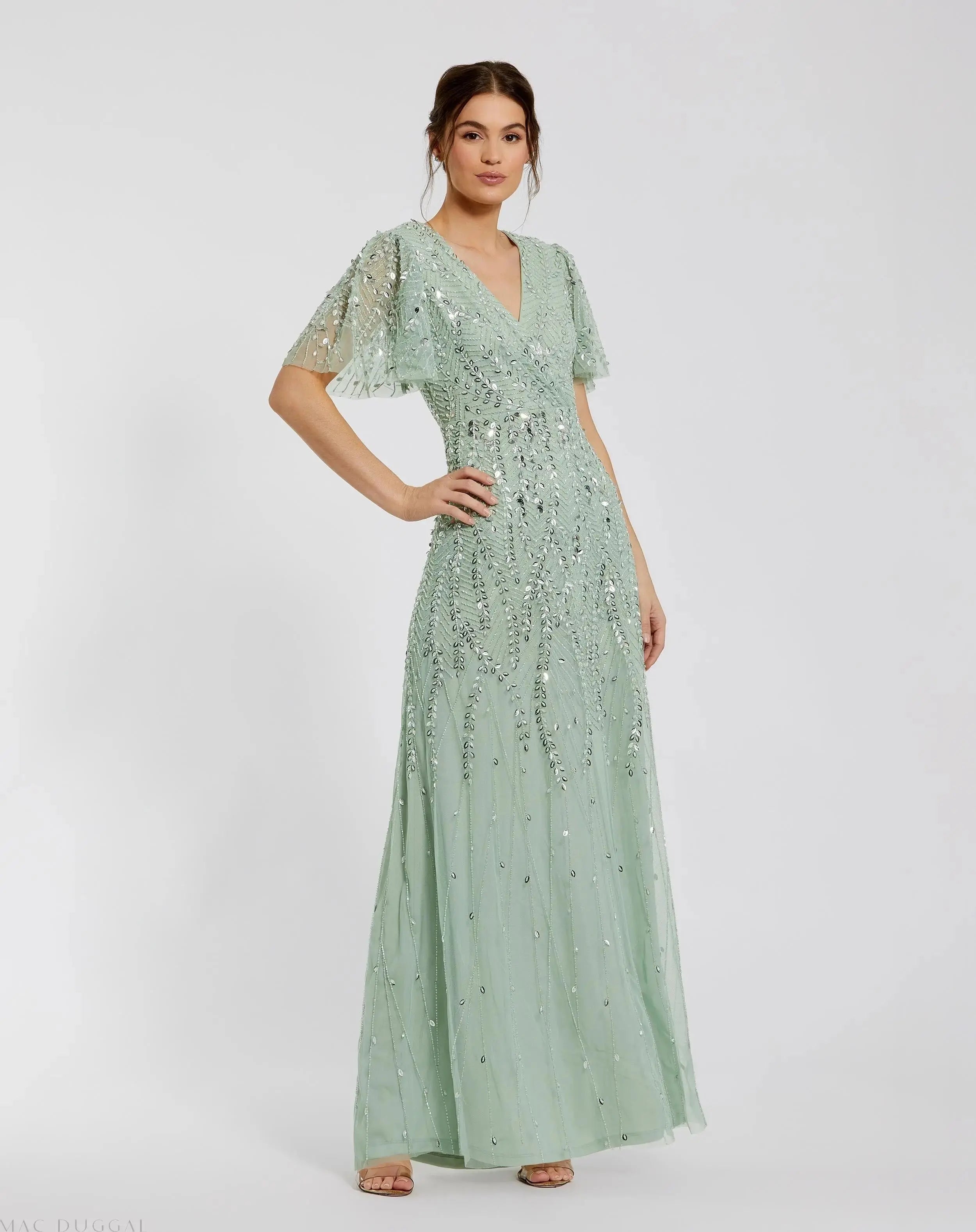 Embellished Flutter Sleeve Gown-Myartka