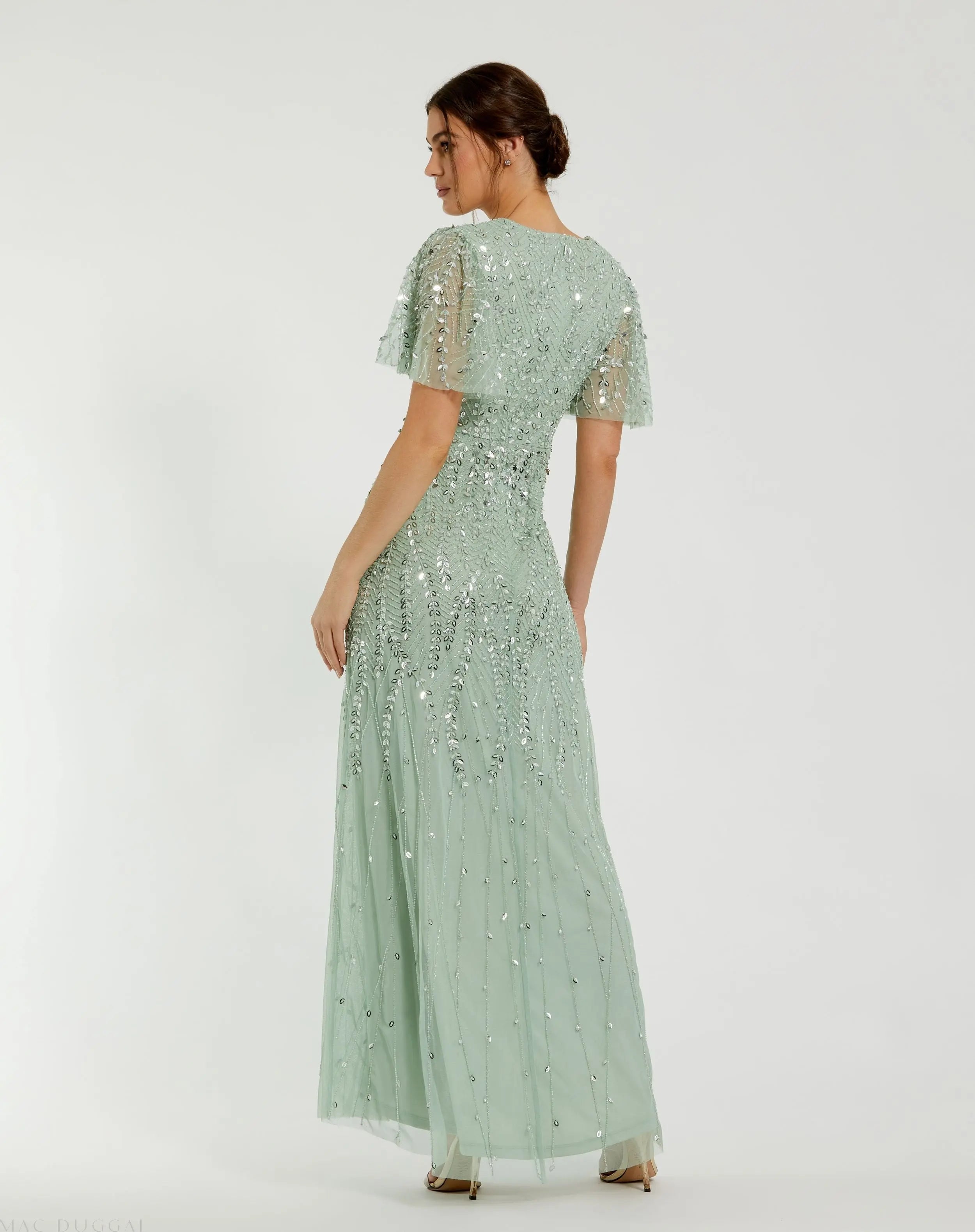 Green Beaded Wrap Over Butterfly Sleeve Column Gown-Myartka