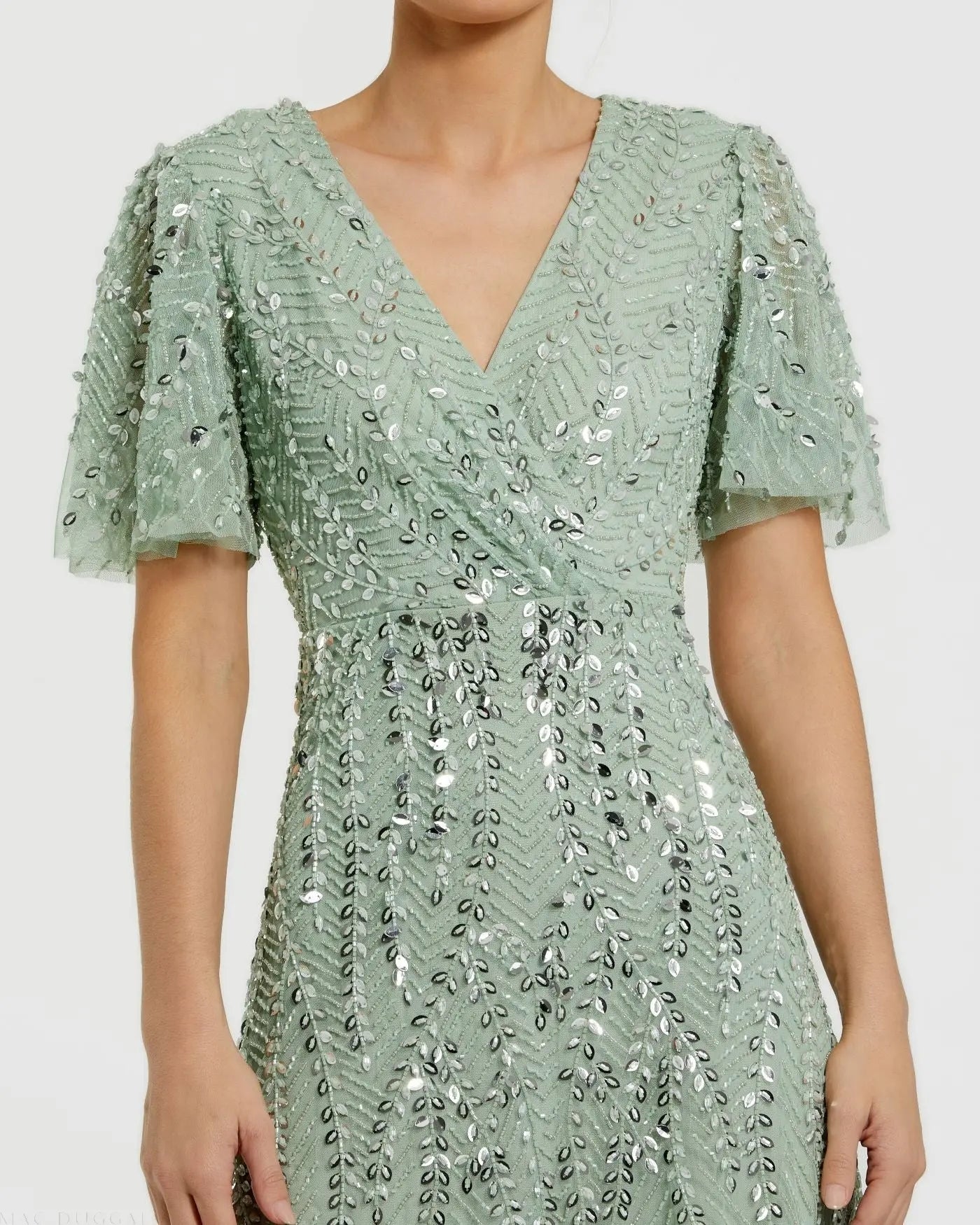 Green Beaded Wrap Over Butterfly Sleeve Column Gown-Myartka
